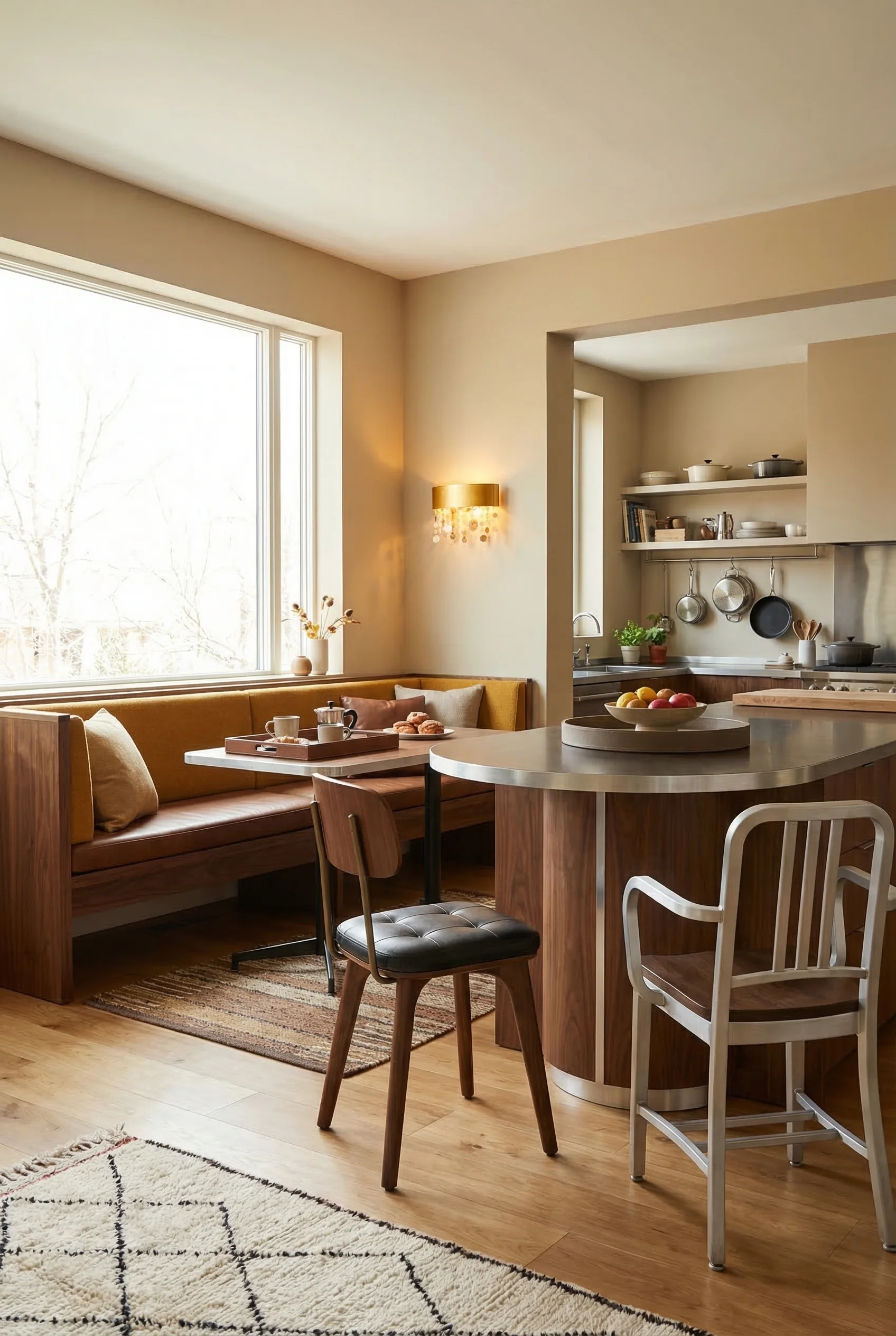 Modern kitchen featuring walnut banquette breakfast counter with amber glass sconce