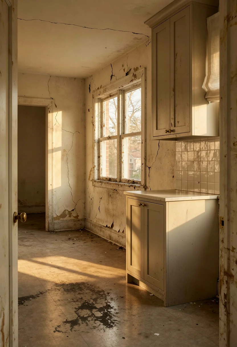 Modern kitchen walnut cabinets featuring smoke glass pendant with brass knobs and zellige backsplash empty room