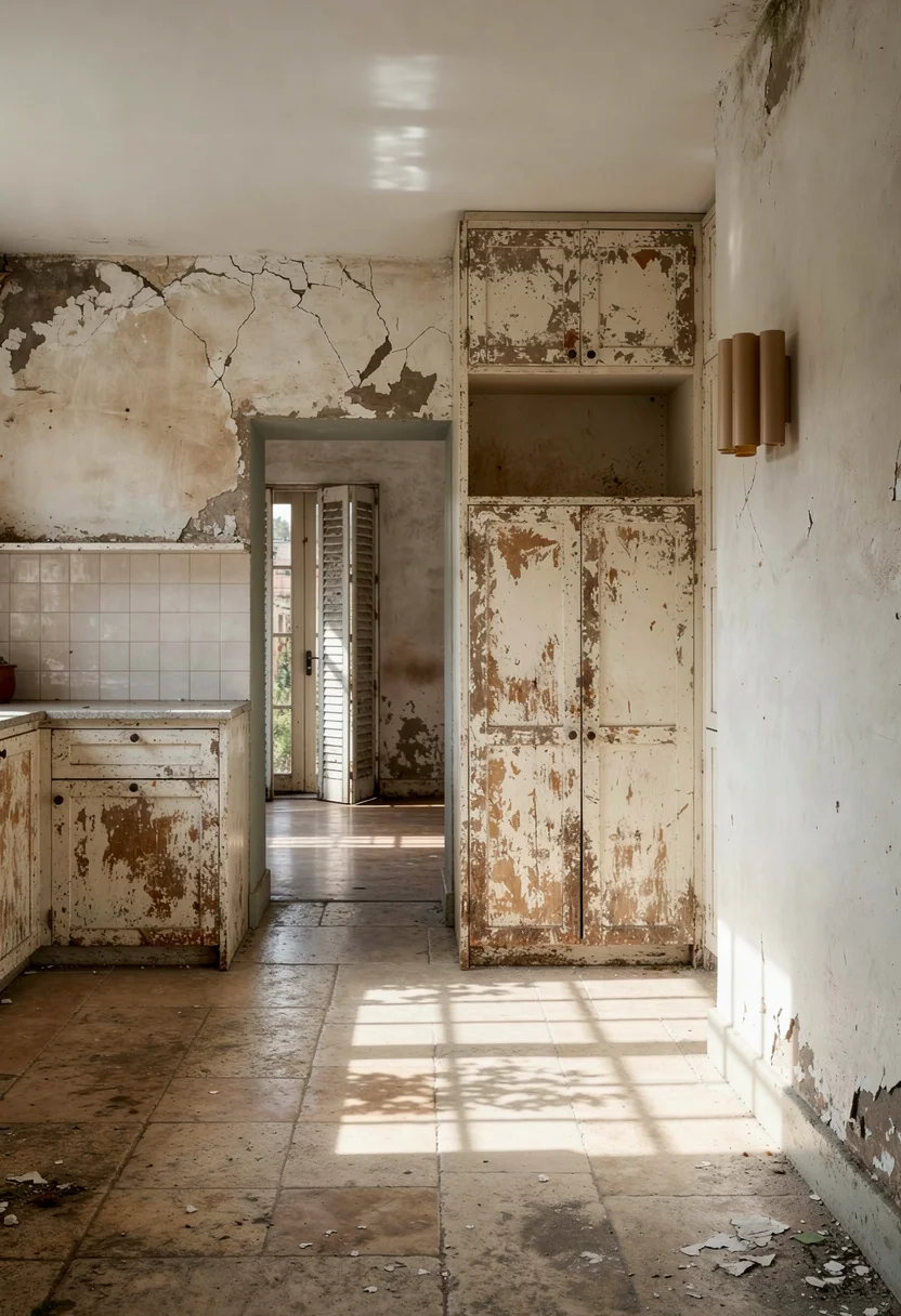 Modern kitchen walnut cabinets featuring ivory ceramic pendant with greige cabinetry and terracotta backsplash empty room