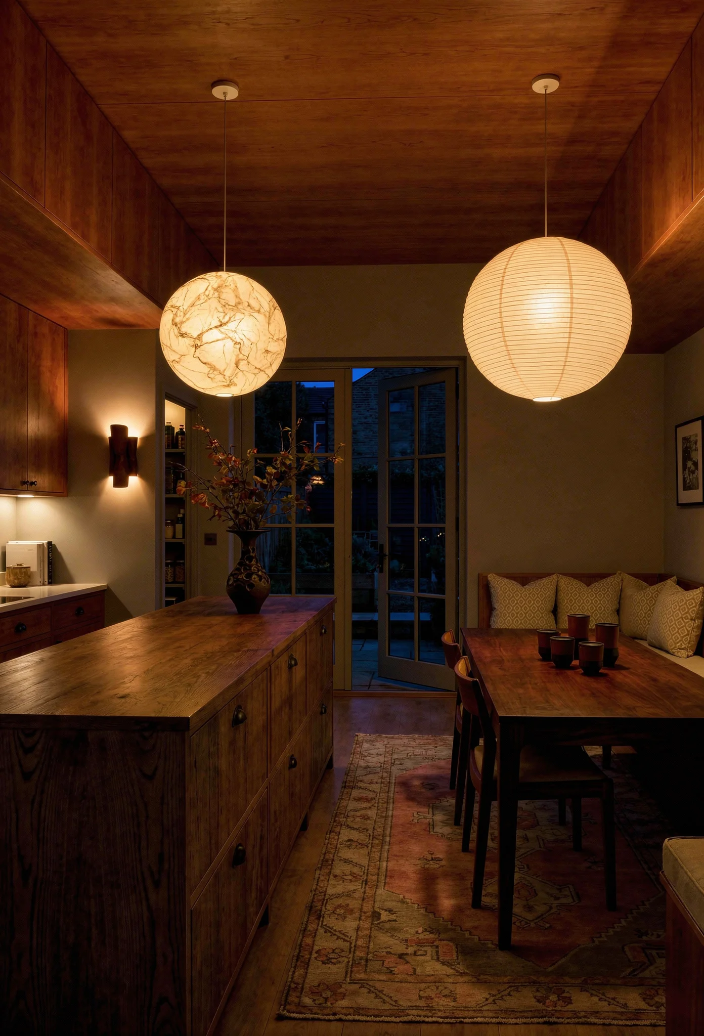 Modern kitchen walnut cabinets featuring cherry upper cabinetry with wire-brushed ash island and paper moon pendant evening mood