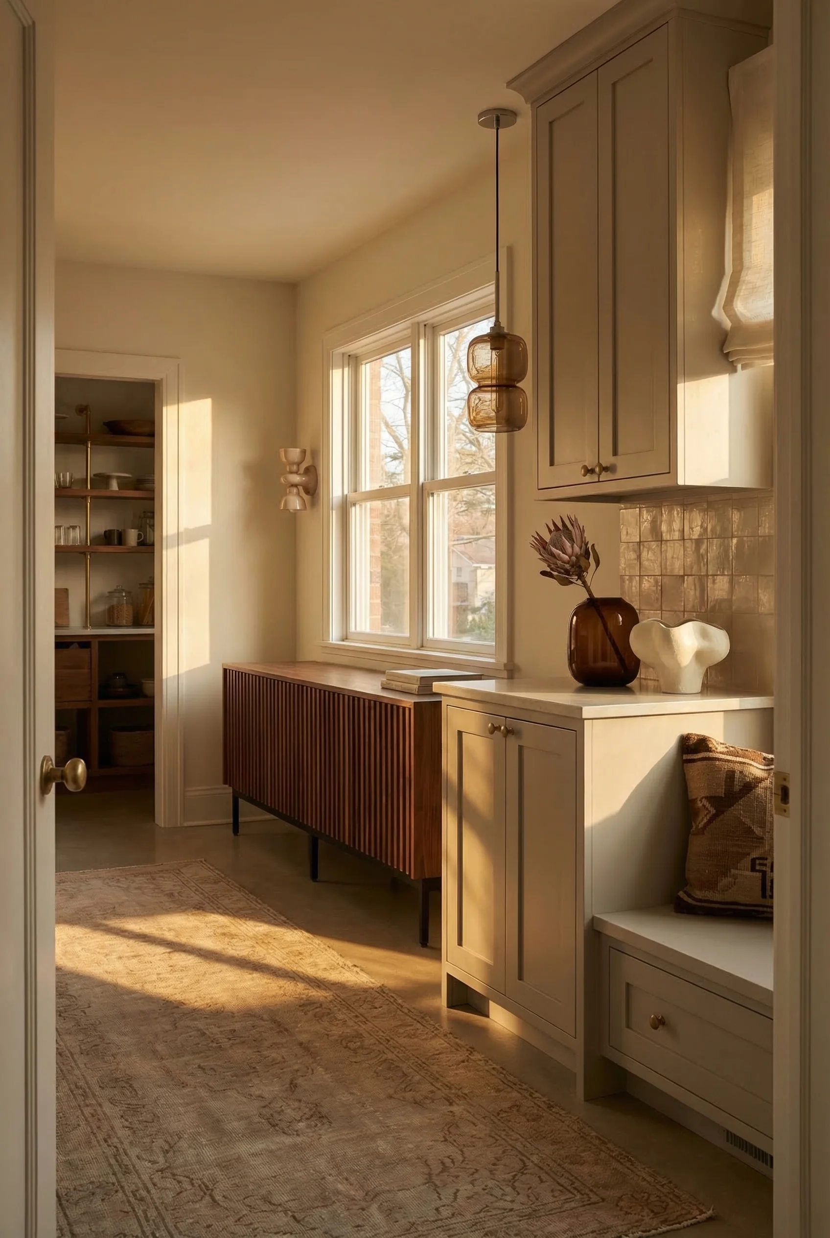 Modern kitchen walnut cabinets featuring smoke glass pendant with brass knobs and zellige backsplash