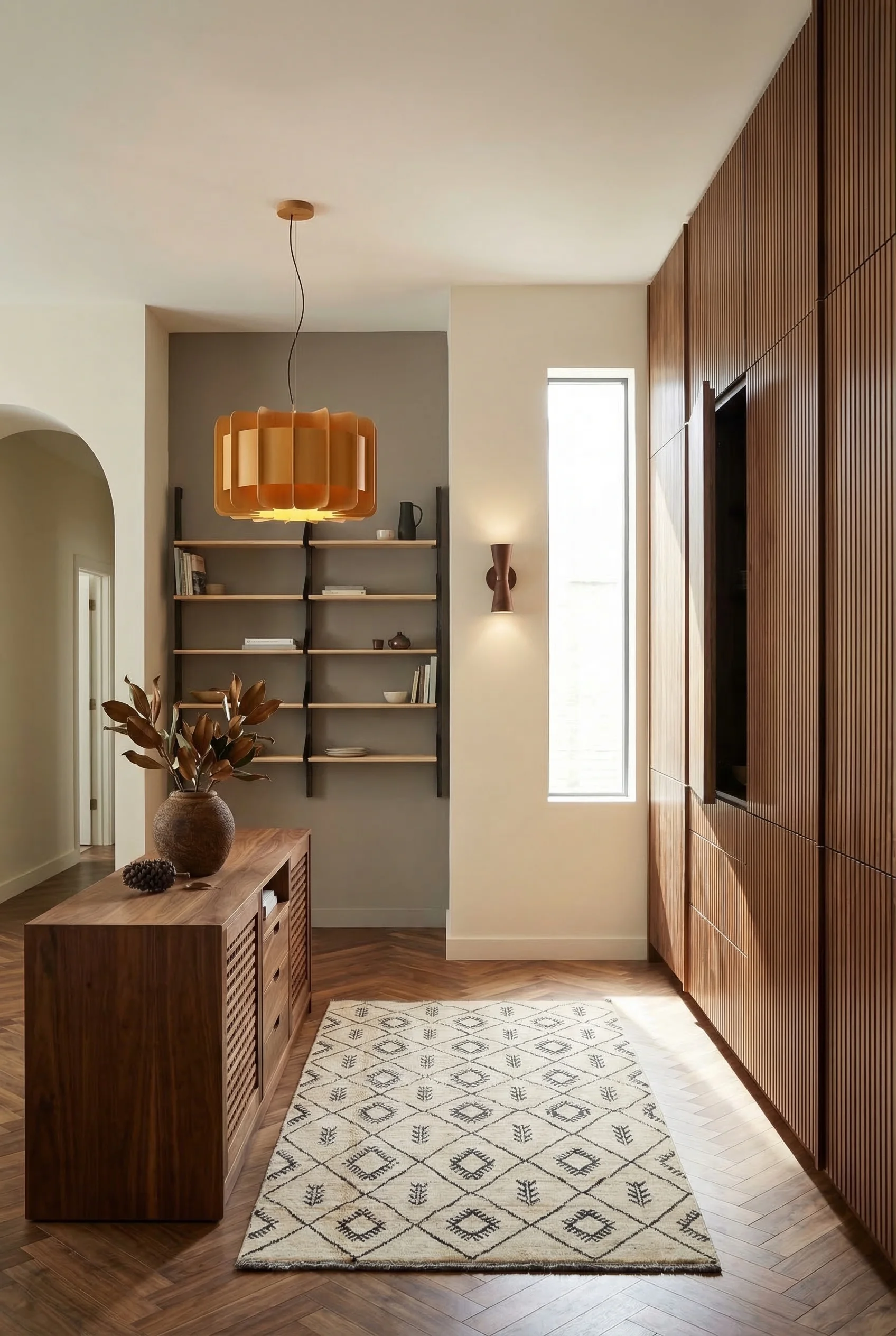 Modern kitchen featuring walnut mid-century credenza with reeded panel cabinetry and ash shelving