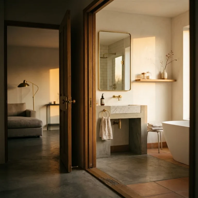 Modern Small Bathroom design featuring quiet sophistication with organic warmth