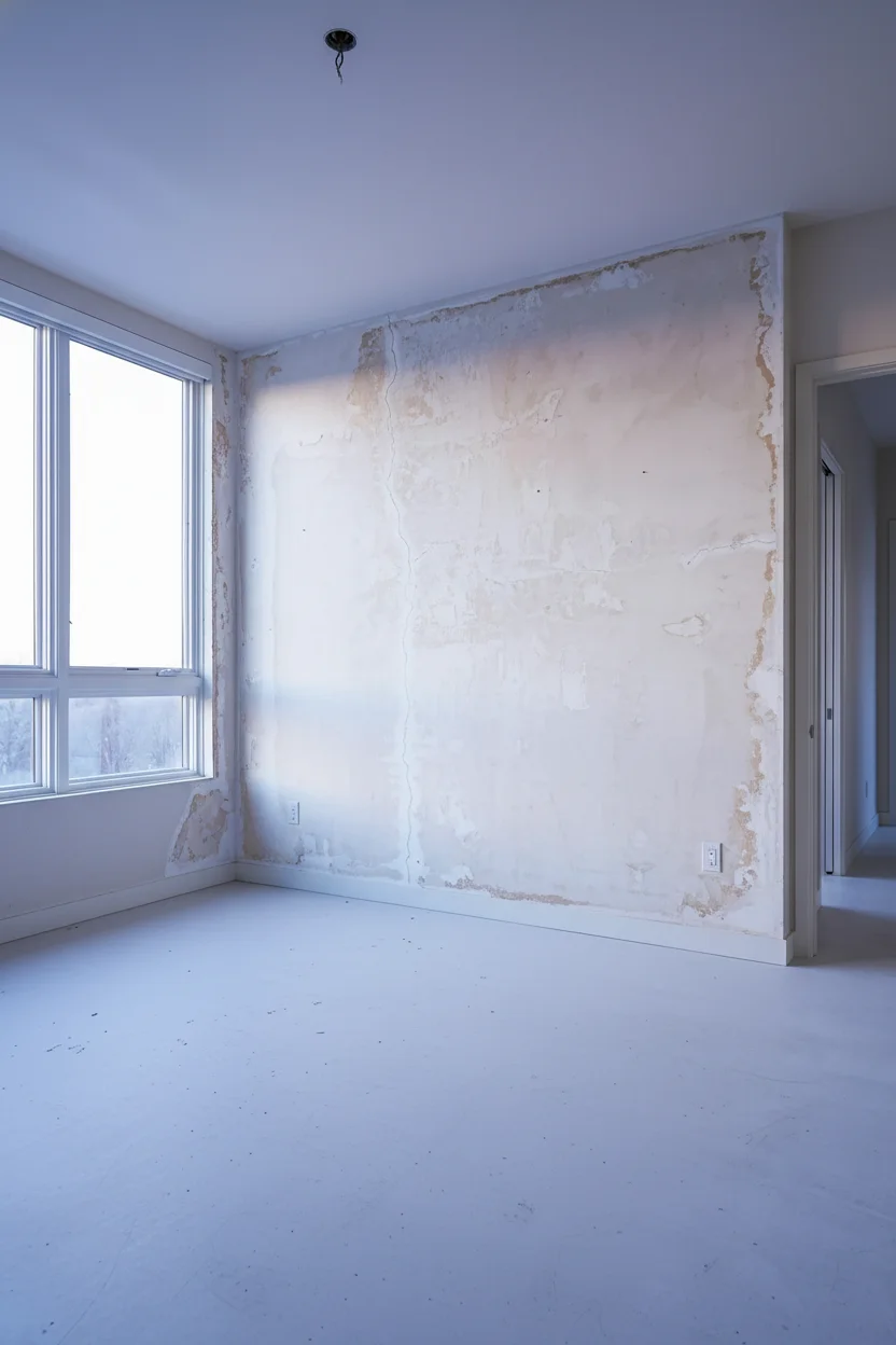 Neutral modern bedroom featuring tan oak canopy bed with limewash walls and ivory coverlet empty room