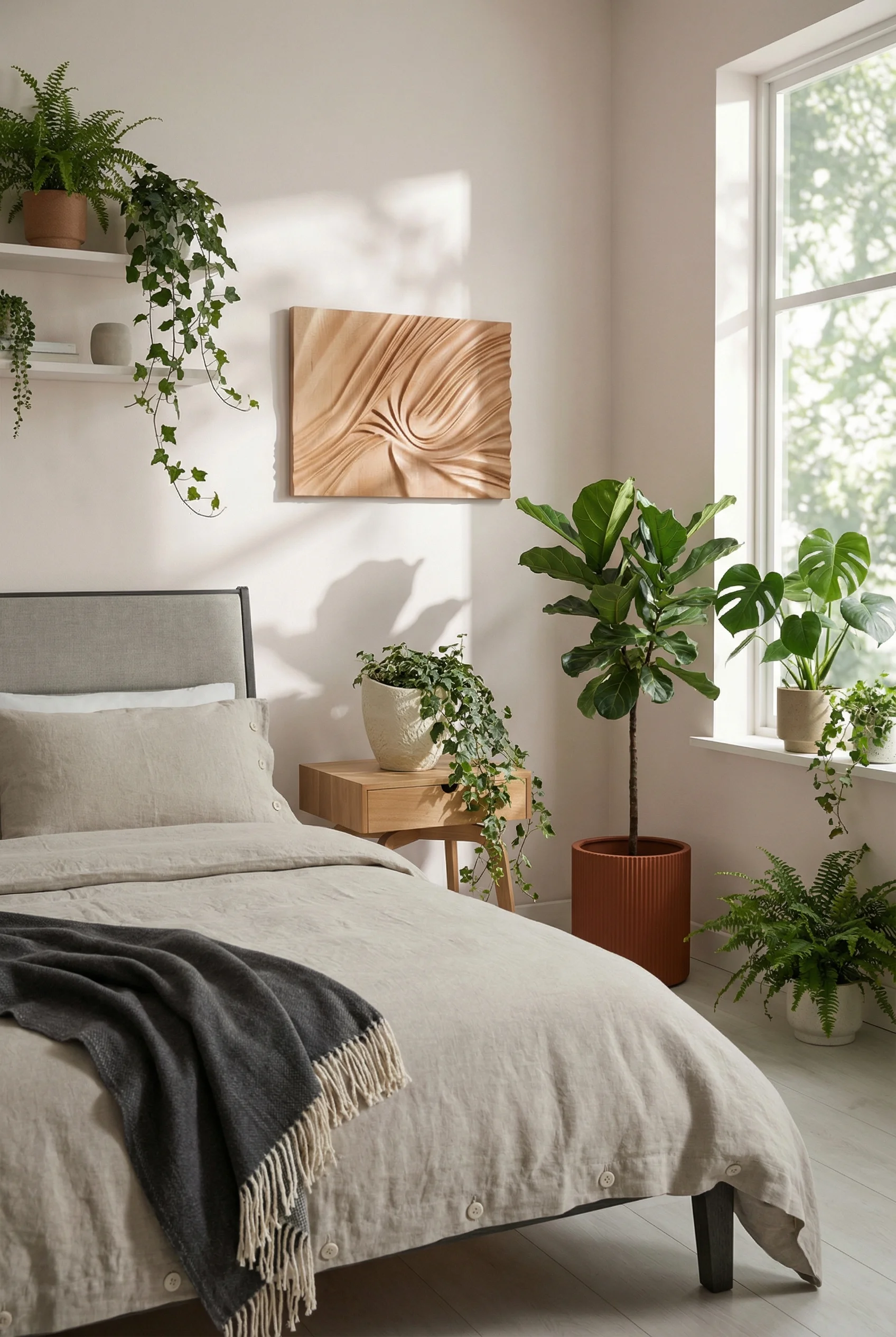 Neutral modern bedroom featuring grey birch upholstered bed with ivory stoneware planter and biophilic greenery
