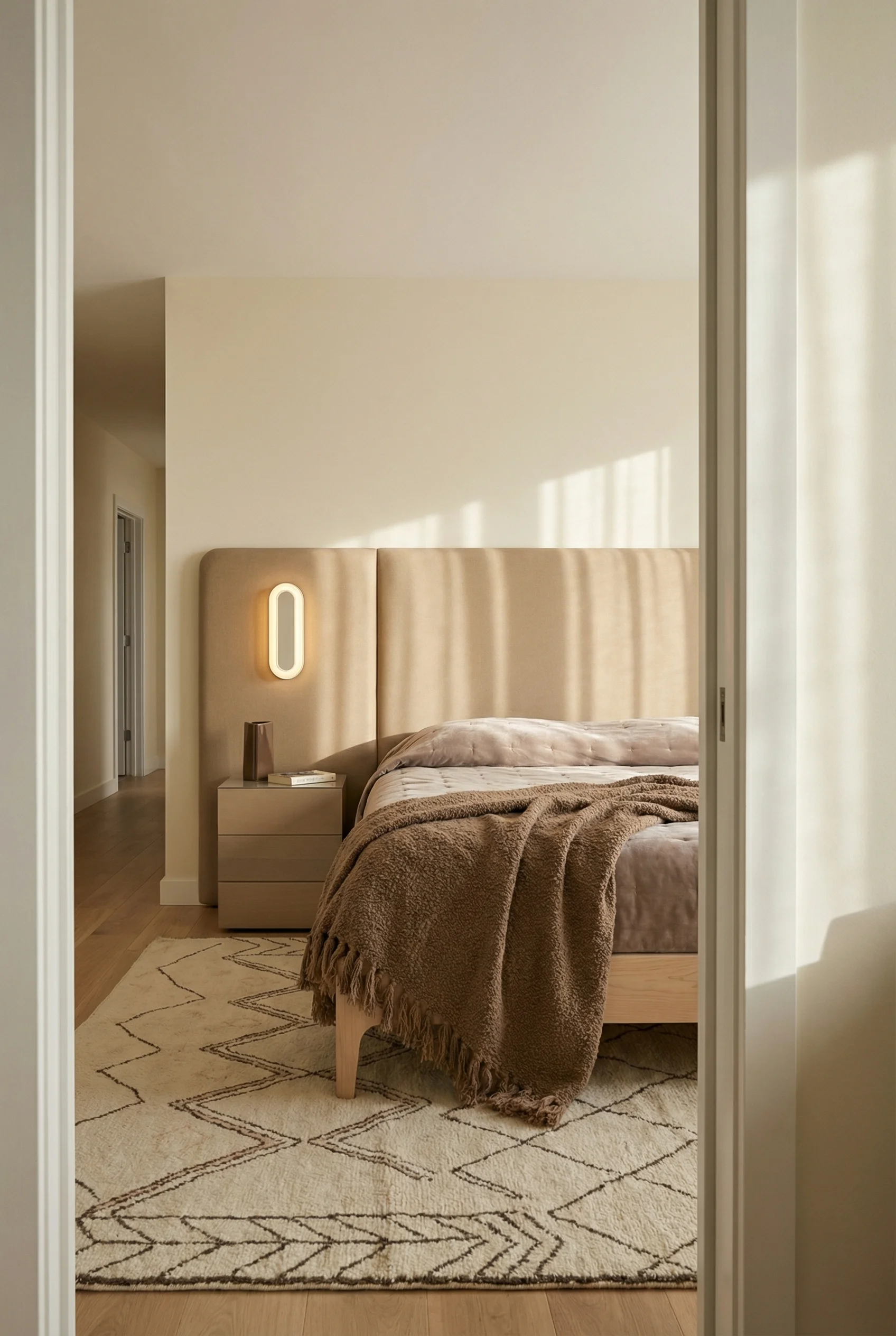 Neutral modern bedroom featuring tan upholstered bed with extended headboard and warm wood nightstand