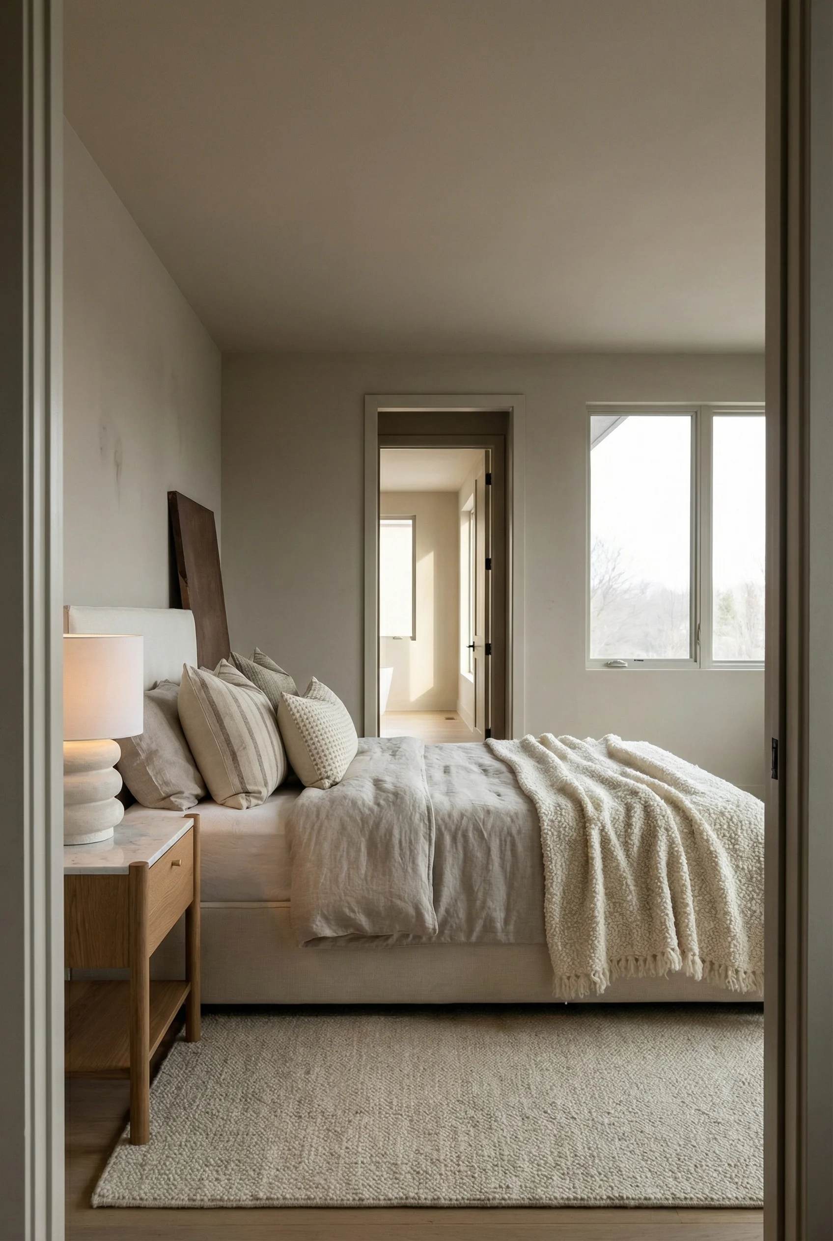 Neutral modern bedroom featuring ivory linen upholstered bed with warm greige walls
