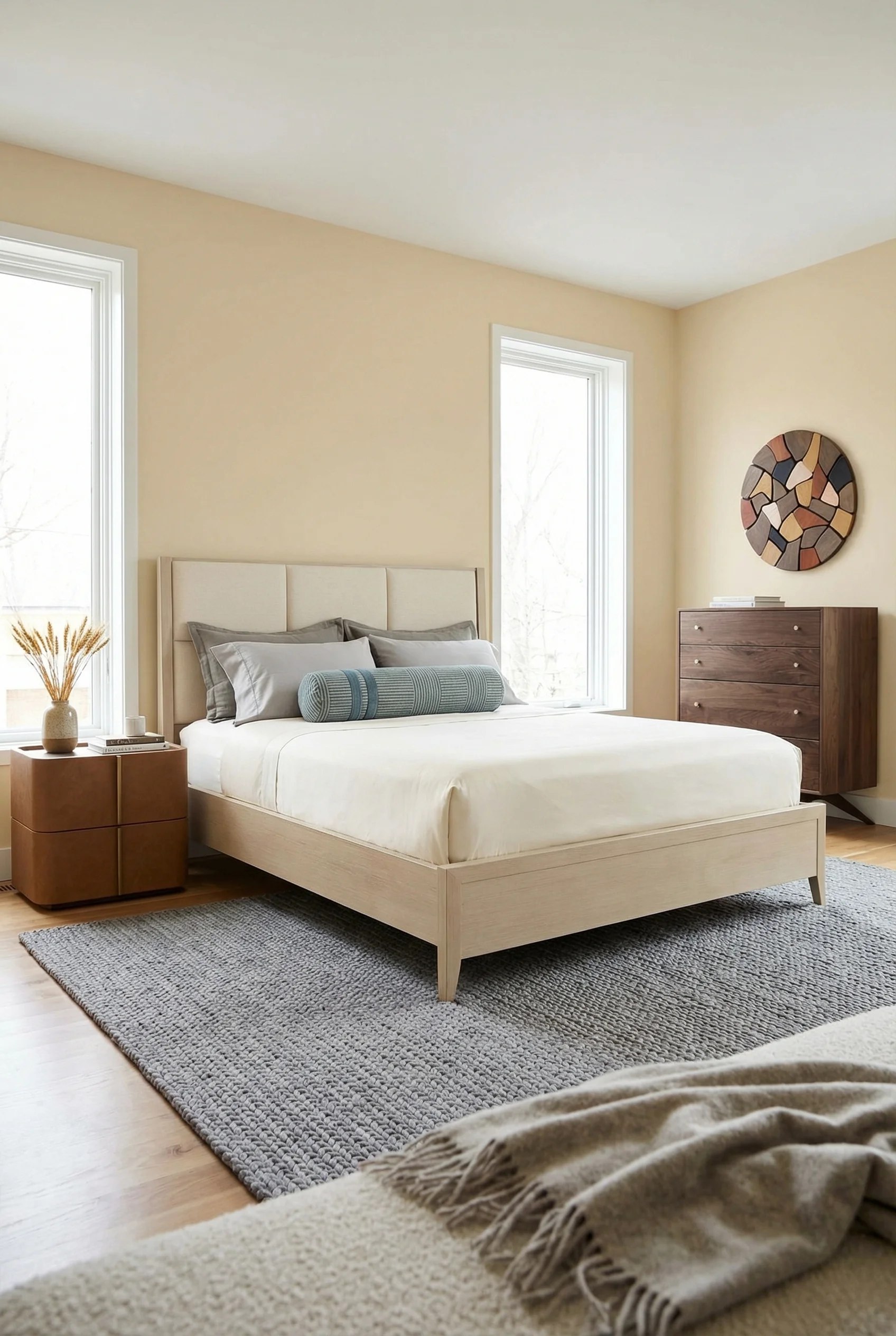 Neutral modern bedroom featuring mixed wood tones with tan upholstered bed and warm walnut dresser
