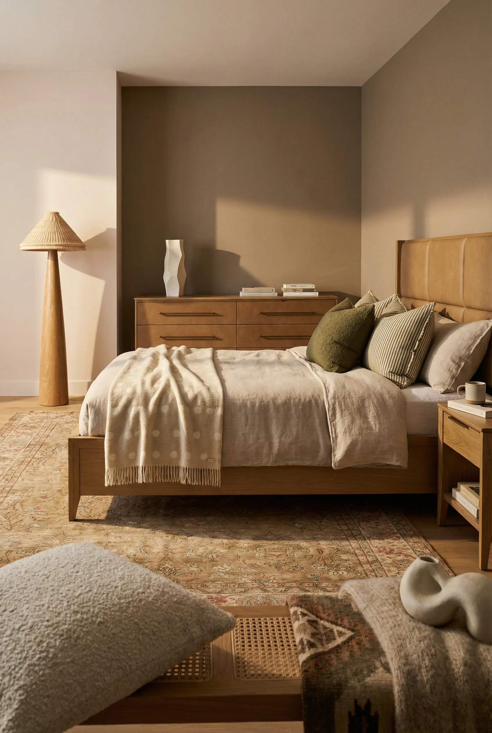 Neutral modern bedroom featuring tan upholstered bed with oak dresser and warm textiles