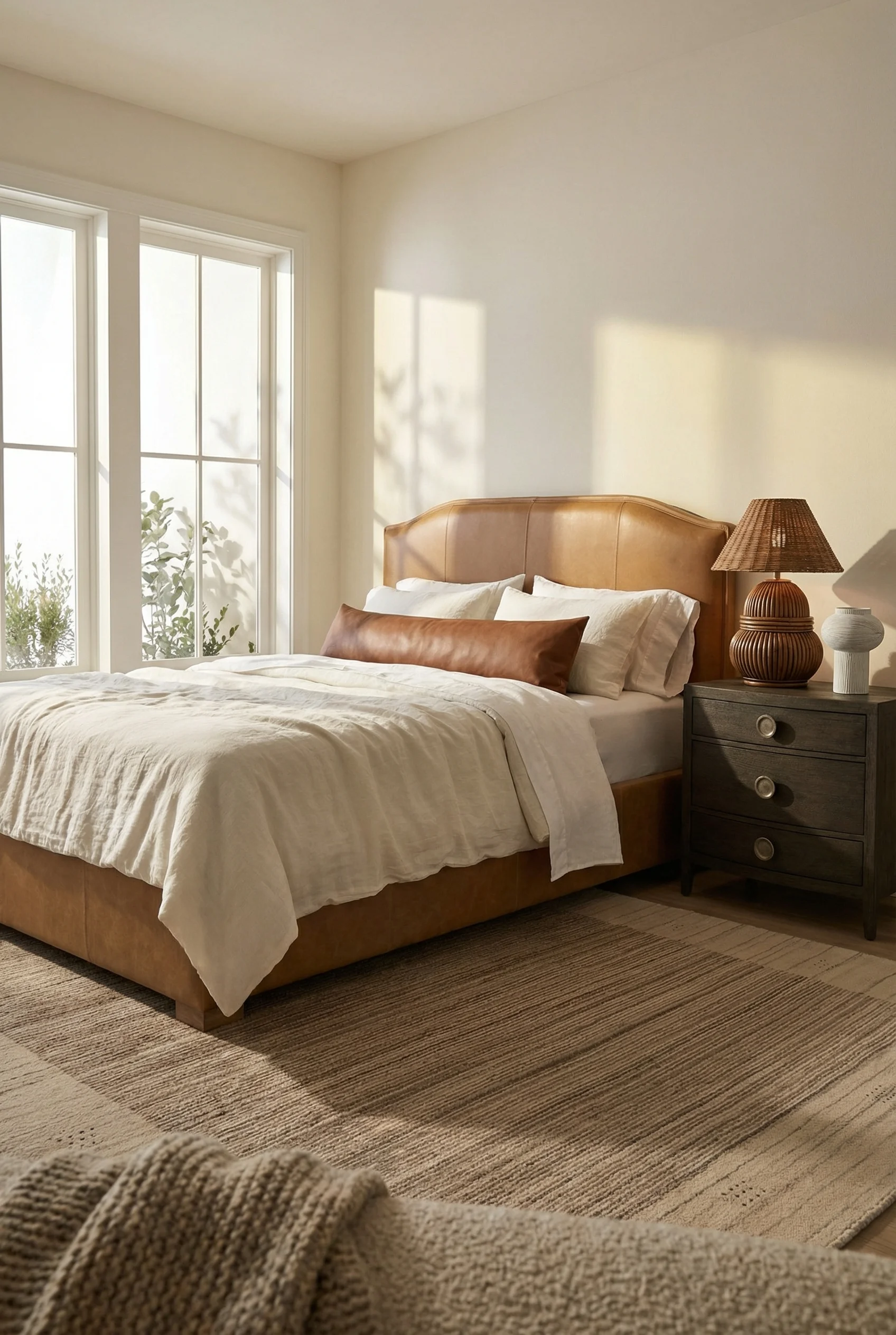 Neutral modern bedroom featuring tan driftwood upholstered bed with warm oak nightstand and rattan floor lamp
