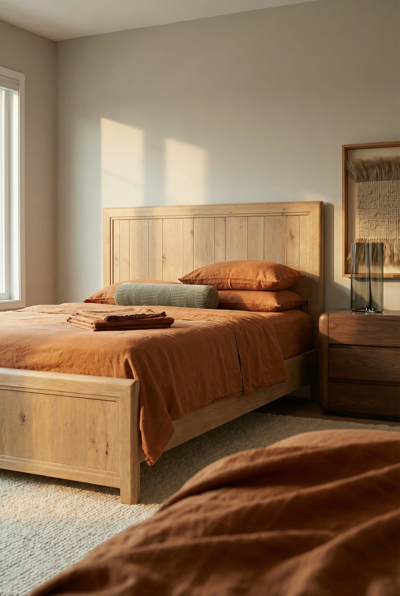 Neutral modern bedroom featuring textured wool rug with natural linen bedding and warm wood accents