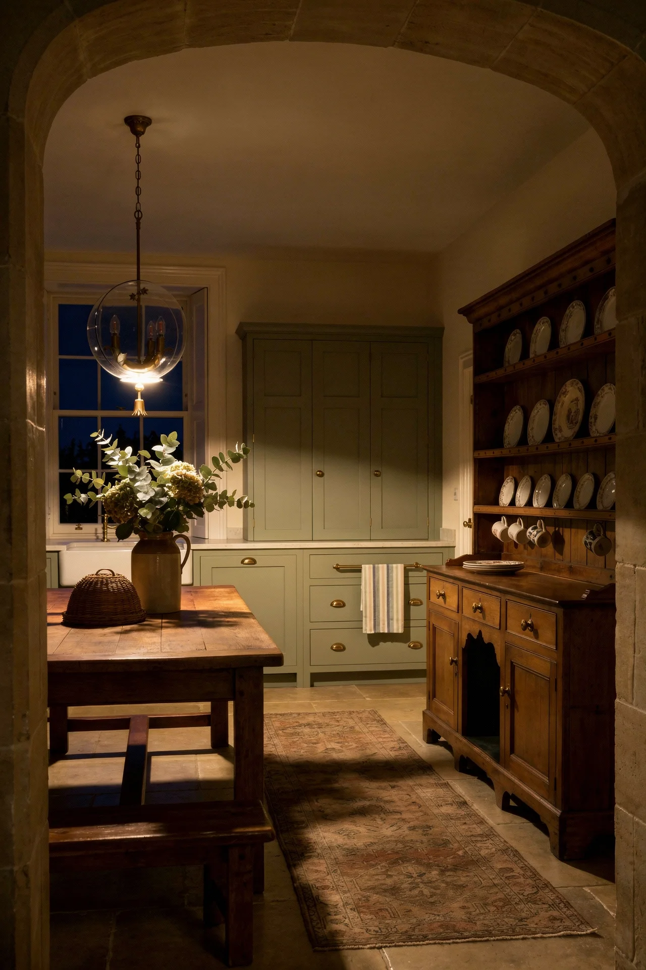 English country kitchen featuring antique oak Welsh dresser with brass pendant light and Turkish runner rug evening mood