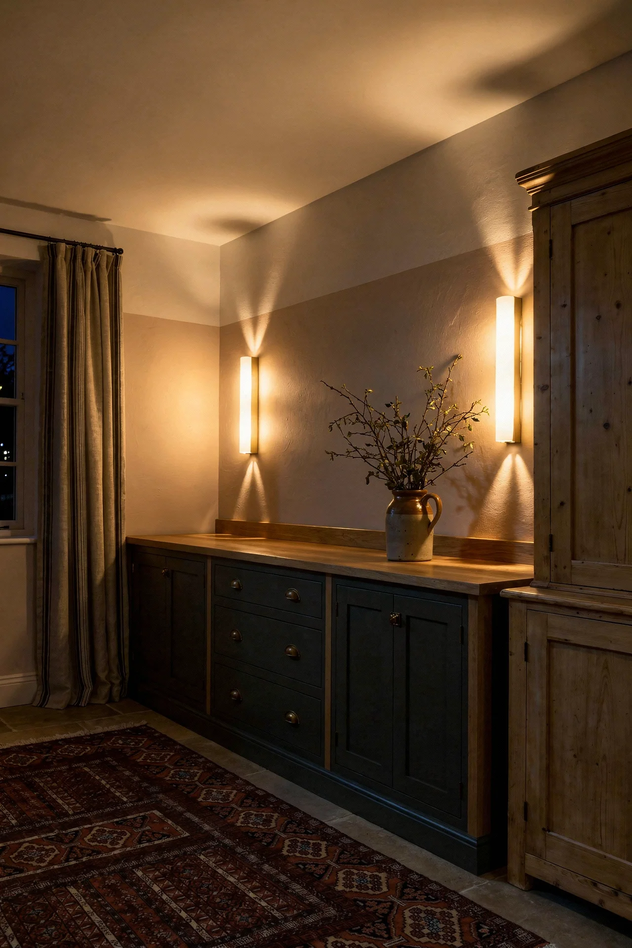 English country kitchen featuring Victorian pine dresser with bronze wall sconces and Persian runner rug evening mood