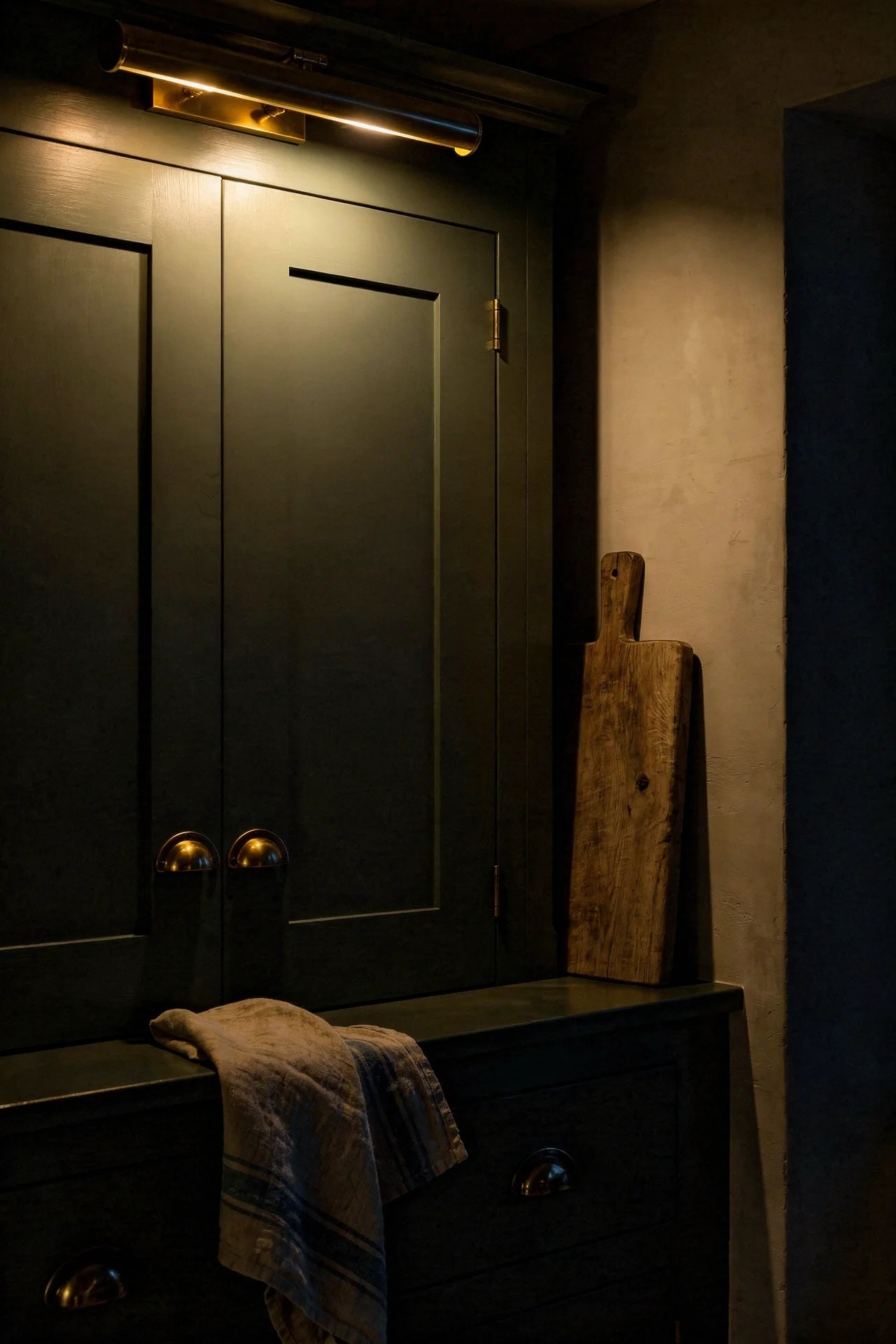 English country kitchen joinery detail with olive green Shaker cabinets and brass cup pulls evening mood