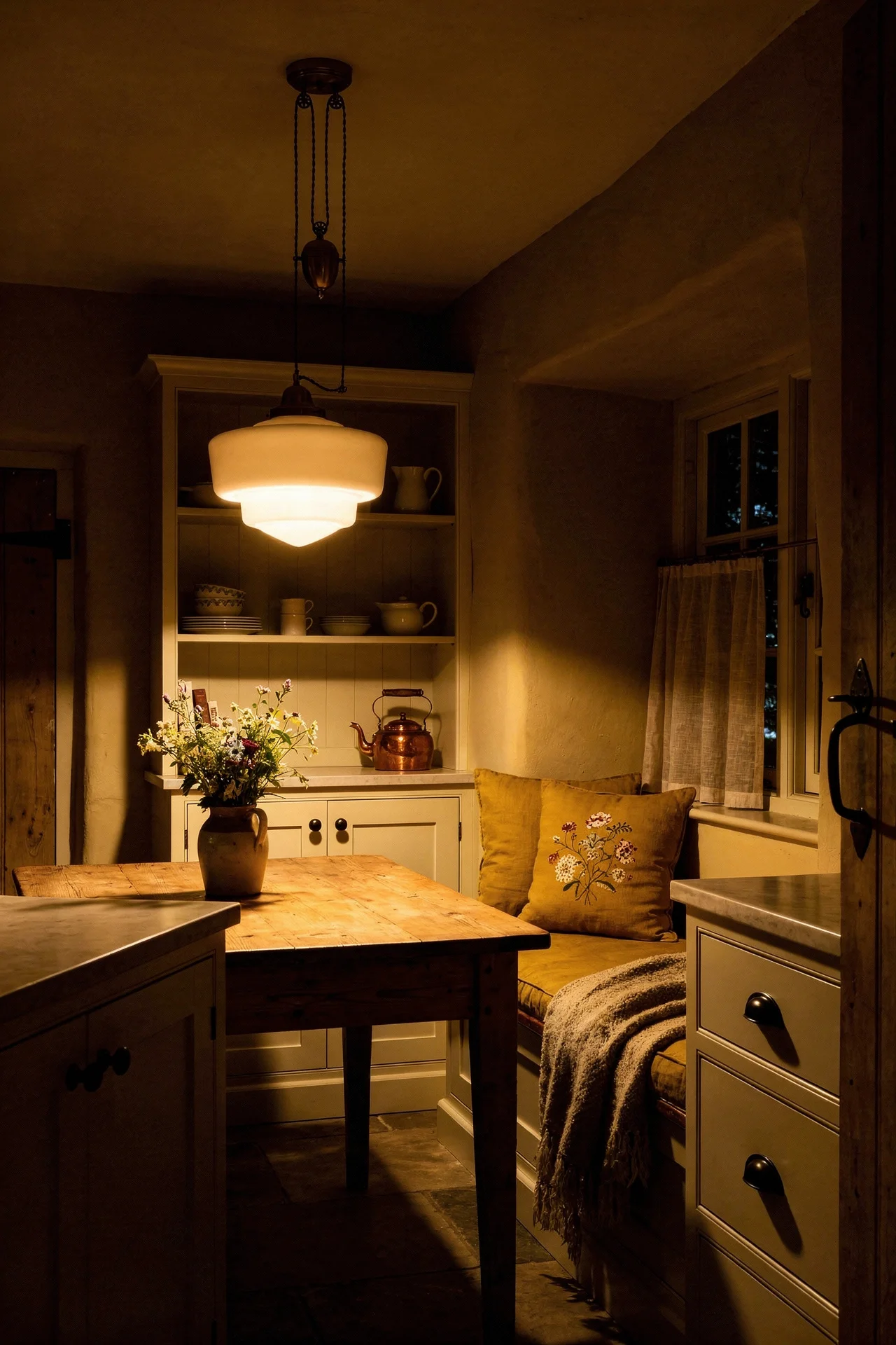 English country cottage kitchen with butter yellow walls and opaline schoolhouse pendant evening mood