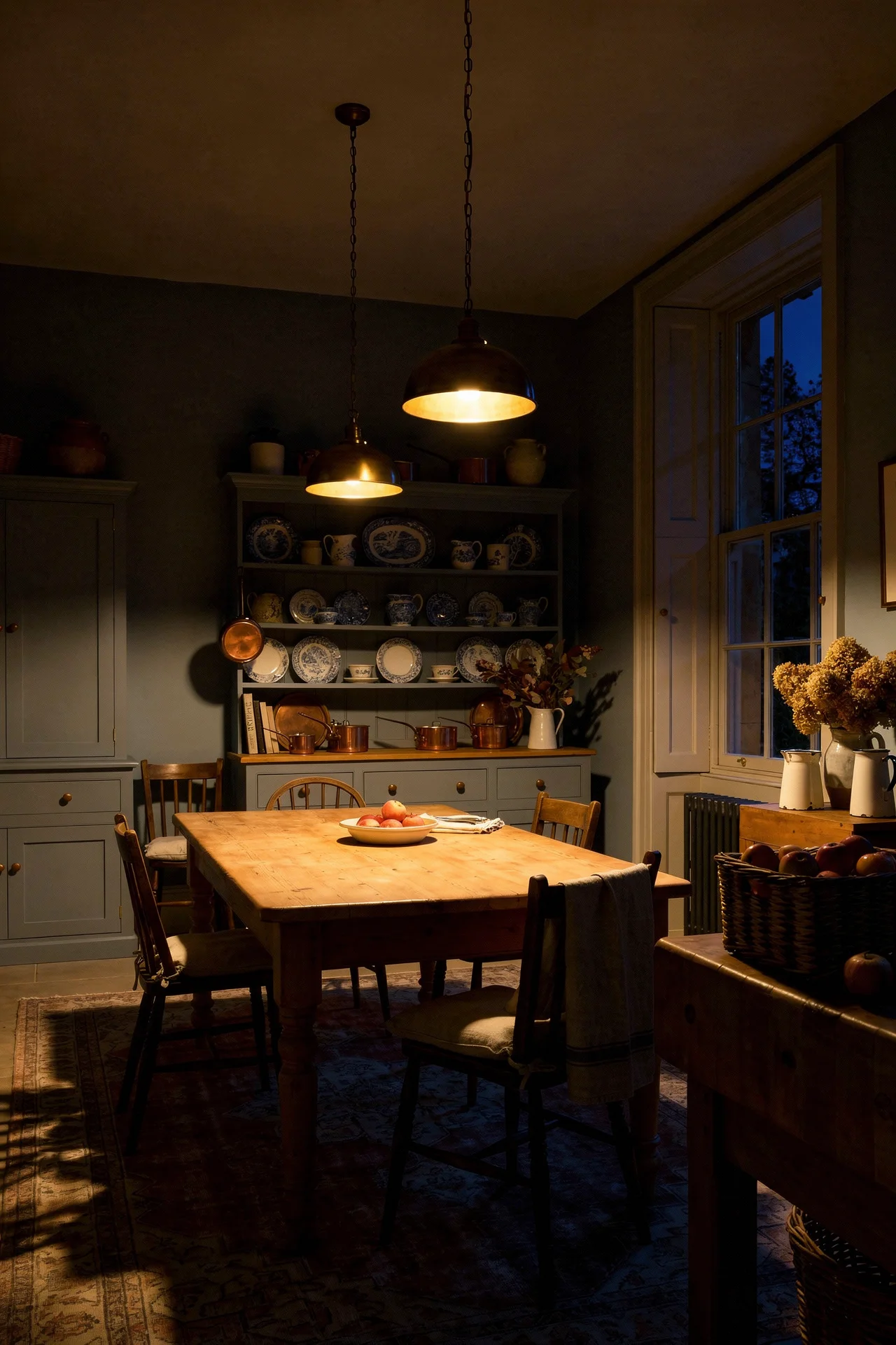 English country kitchen featuring blue Welsh dresser with brass pendant lights and vintage Oushak rug evening mood