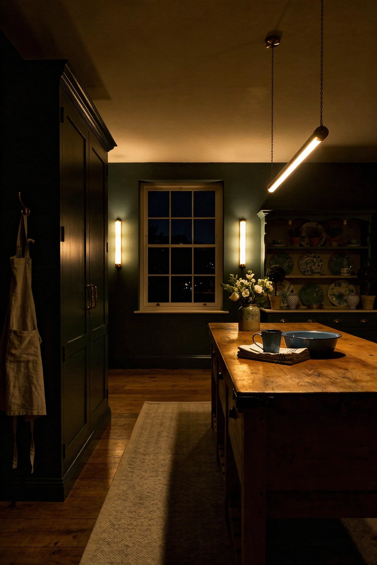English country kitchen with Studio Green walls and cream Welsh dresser displaying green ironstone plates evening mood