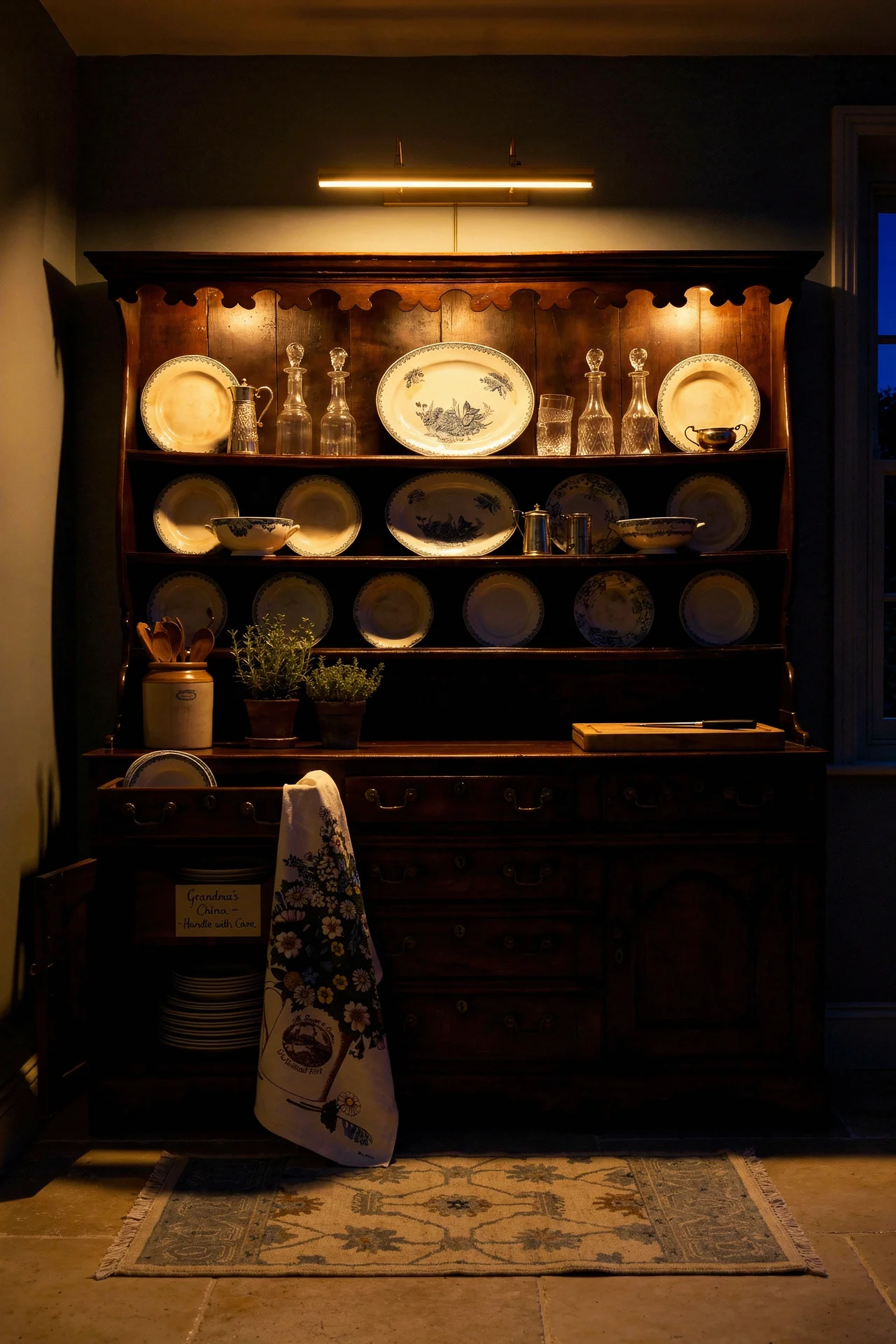 English country kitchen featuring antique oak Welsh dresser with blue transferware plates evening mood