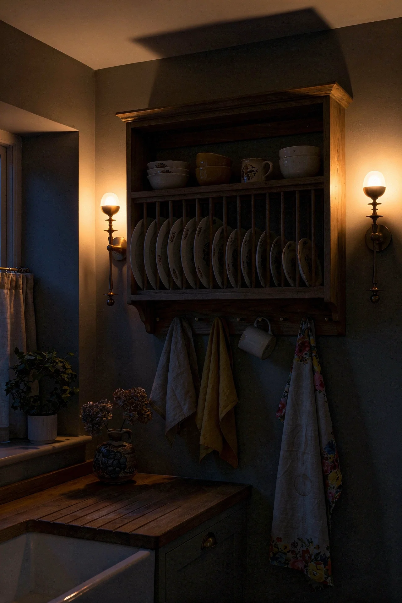 English country kitchen plate rack detail with brass wall sconces and antique porcelain plates evening mood
