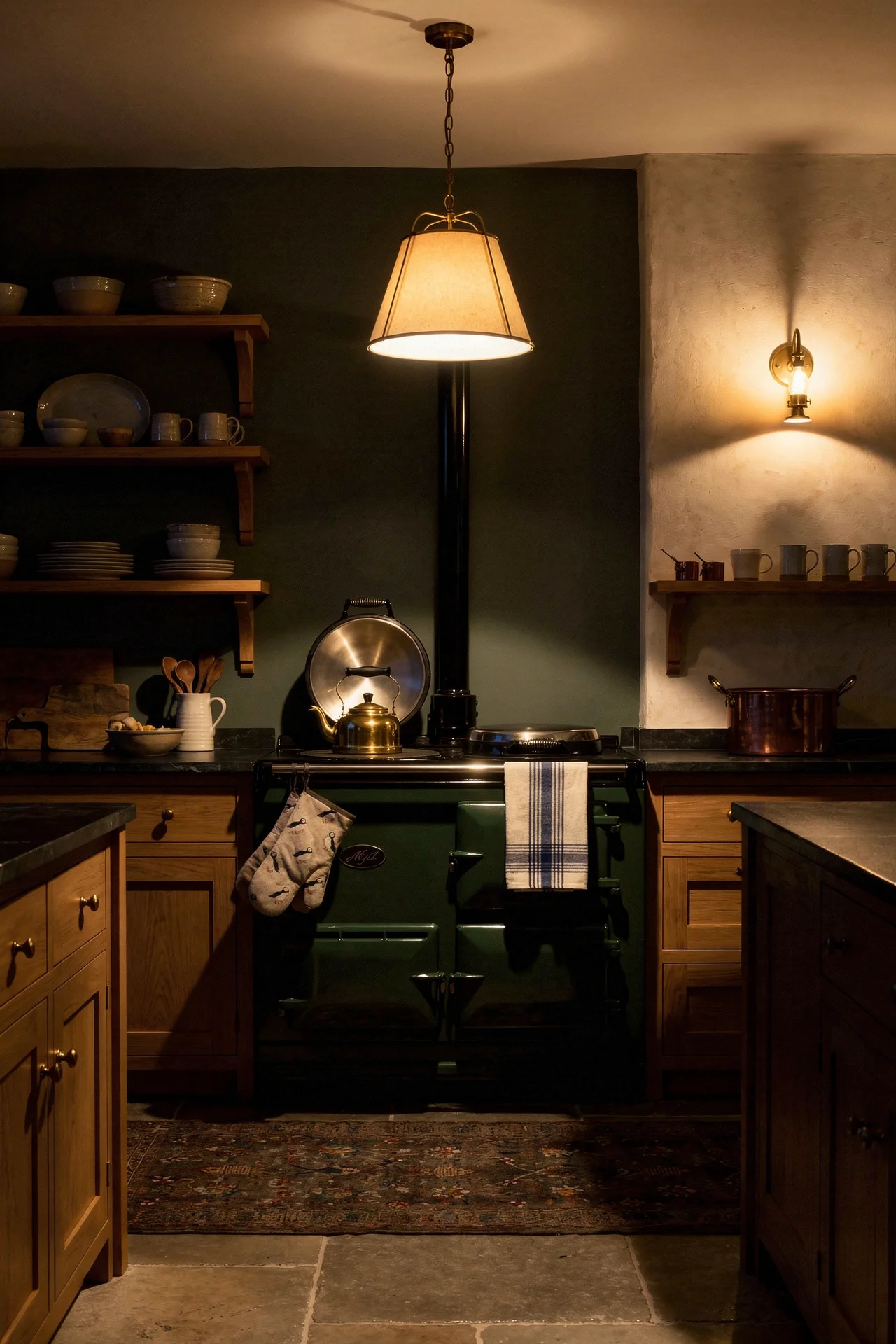 English Country Kitchen aga range cooker alcove design scene evening mood