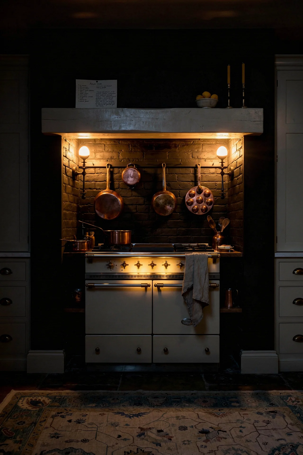 English Country Kitchen aga range cooker alcove design scene evening mood