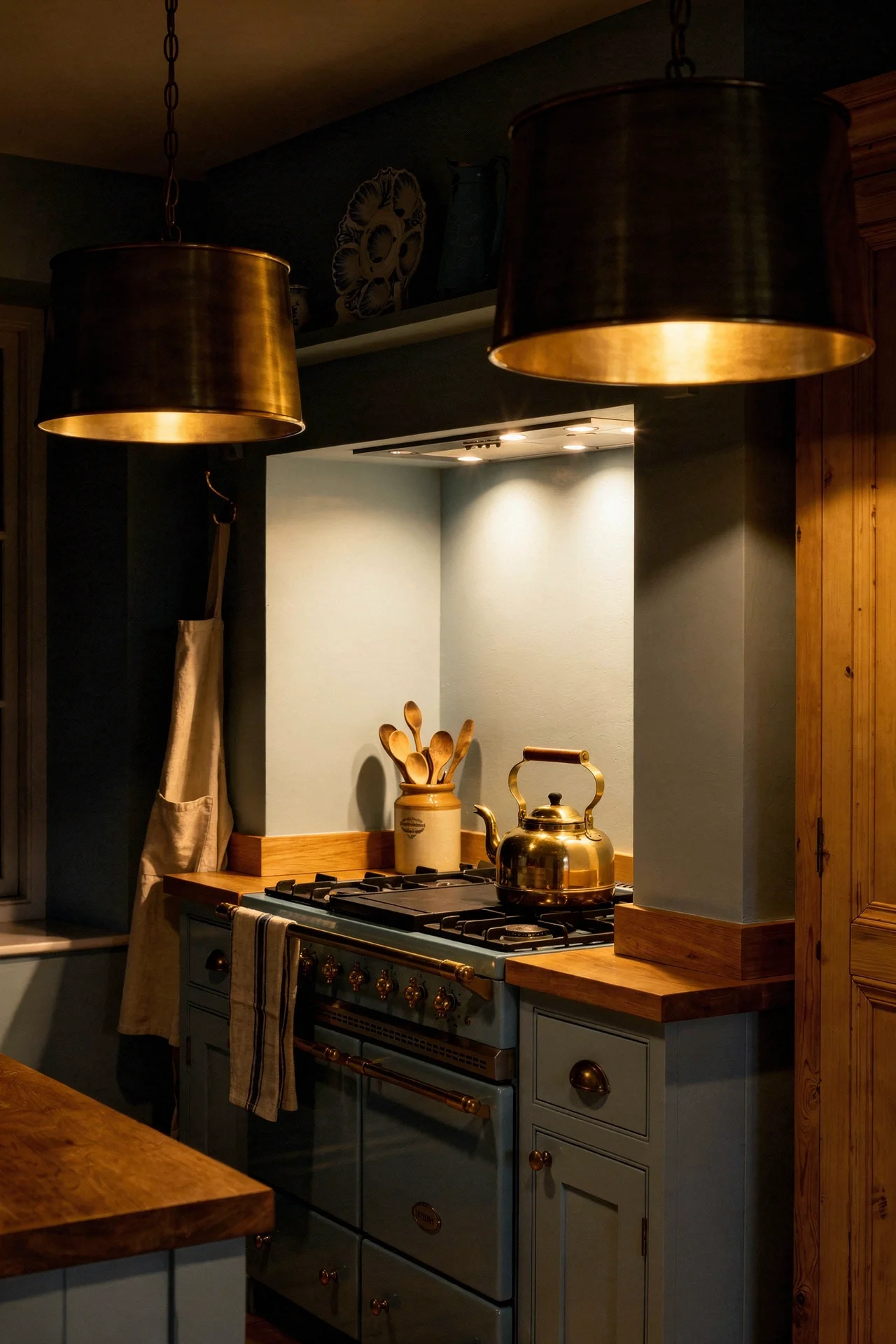 English Country Kitchen aga range cooker alcove design scene evening mood