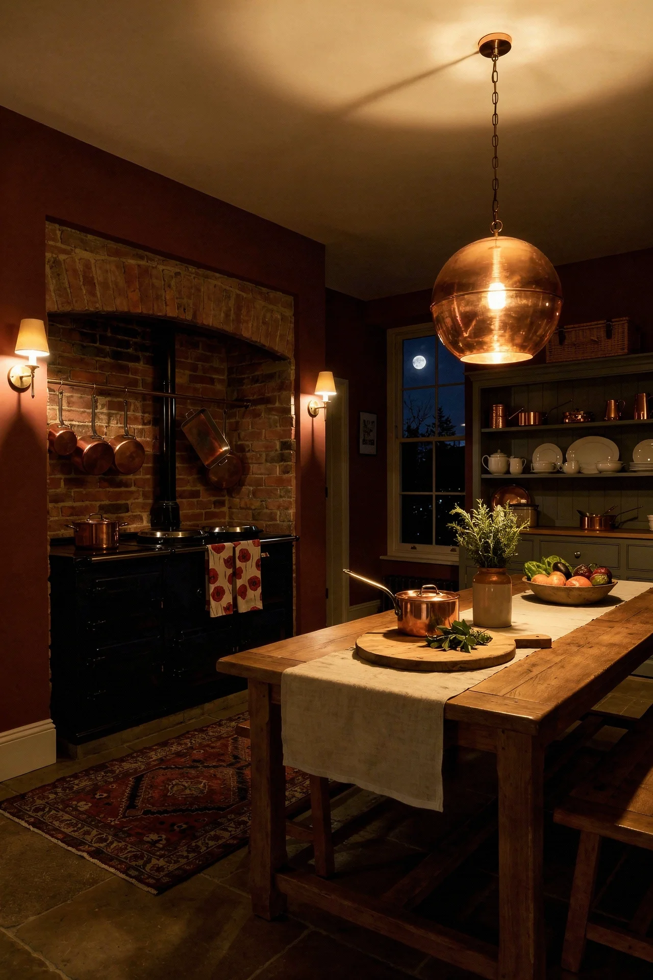 English Country Kitchen aga range cooker alcove design scene evening mood