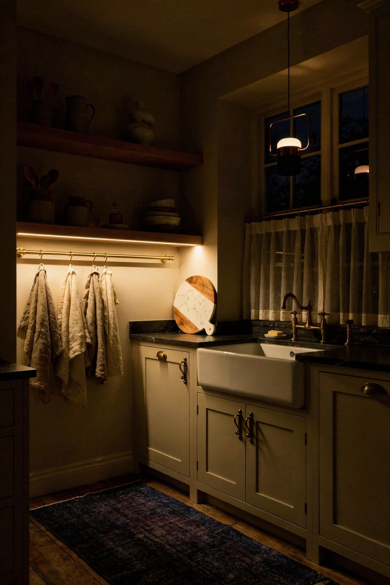 English Country Kitchen butler sink soapstone worktop design scene evening mood