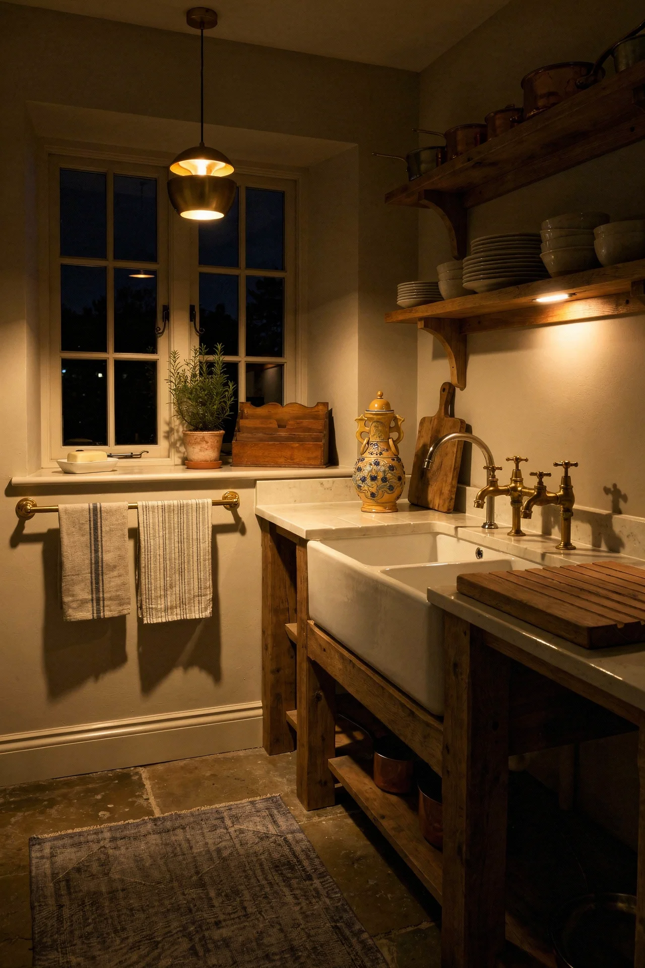 English Country Kitchen butler sink soapstone worktop design scene evening mood
