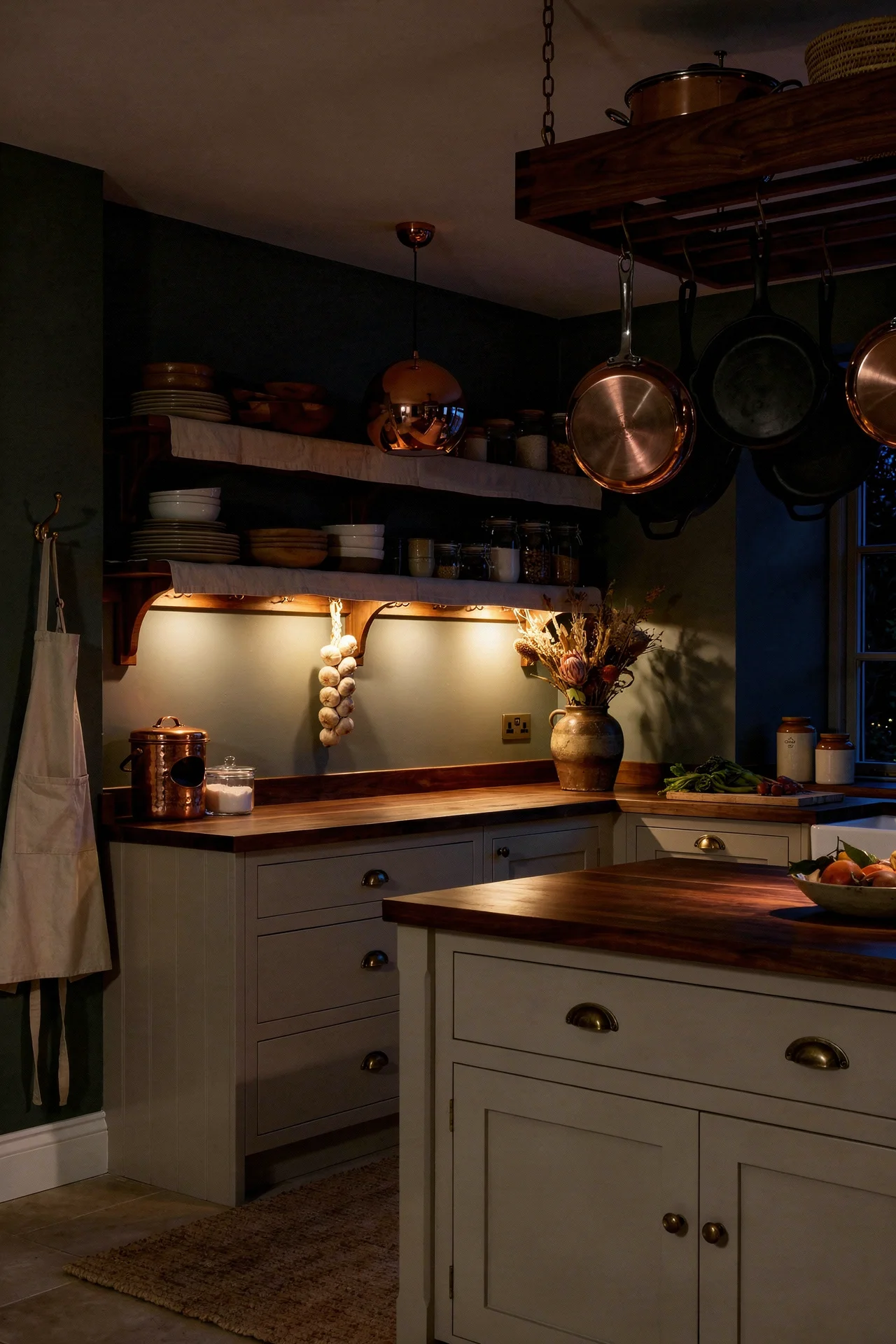 English Country Kitchen butler sink soapstone worktop design scene evening mood