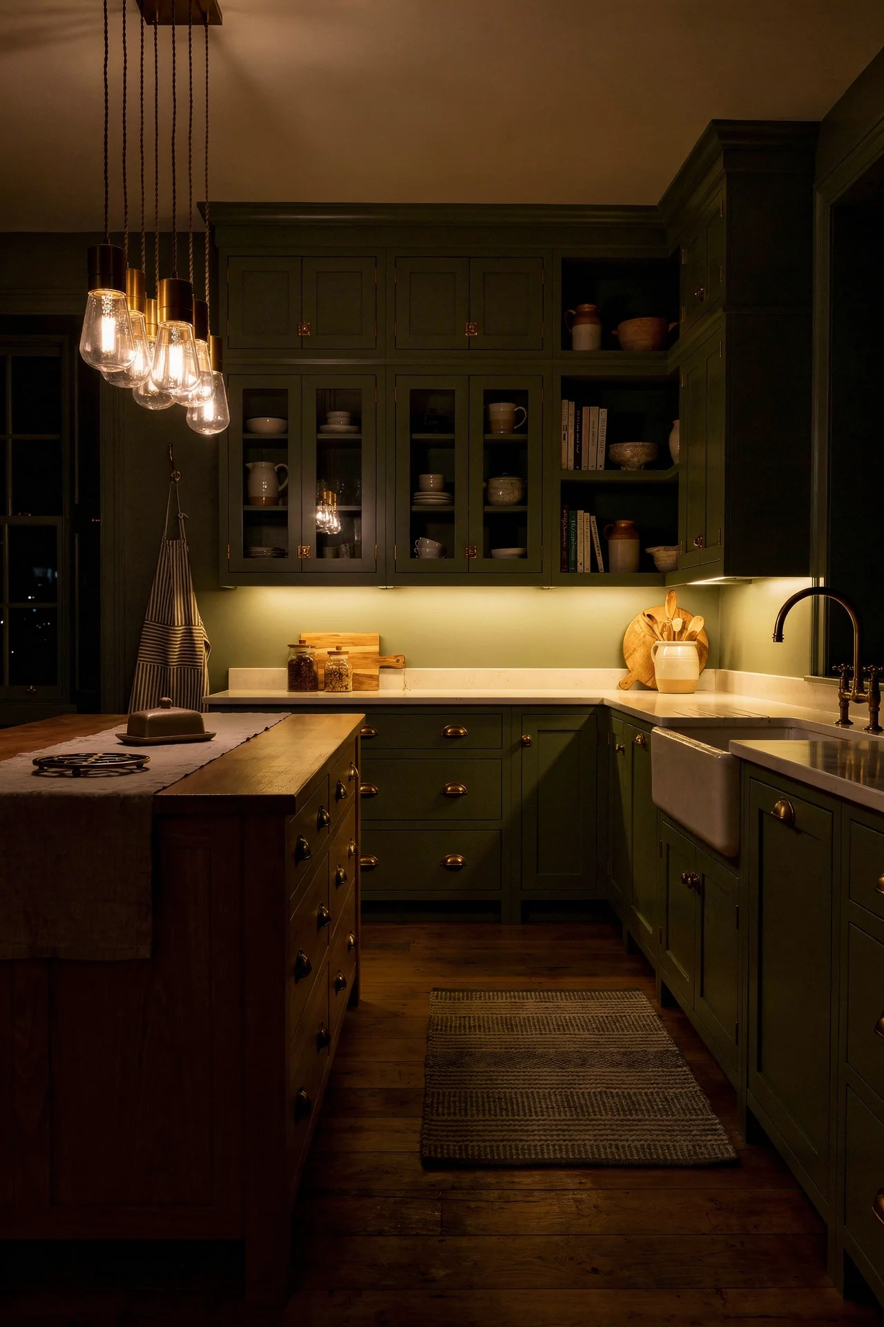 English Country Kitchen butler sink soapstone worktop design scene evening mood