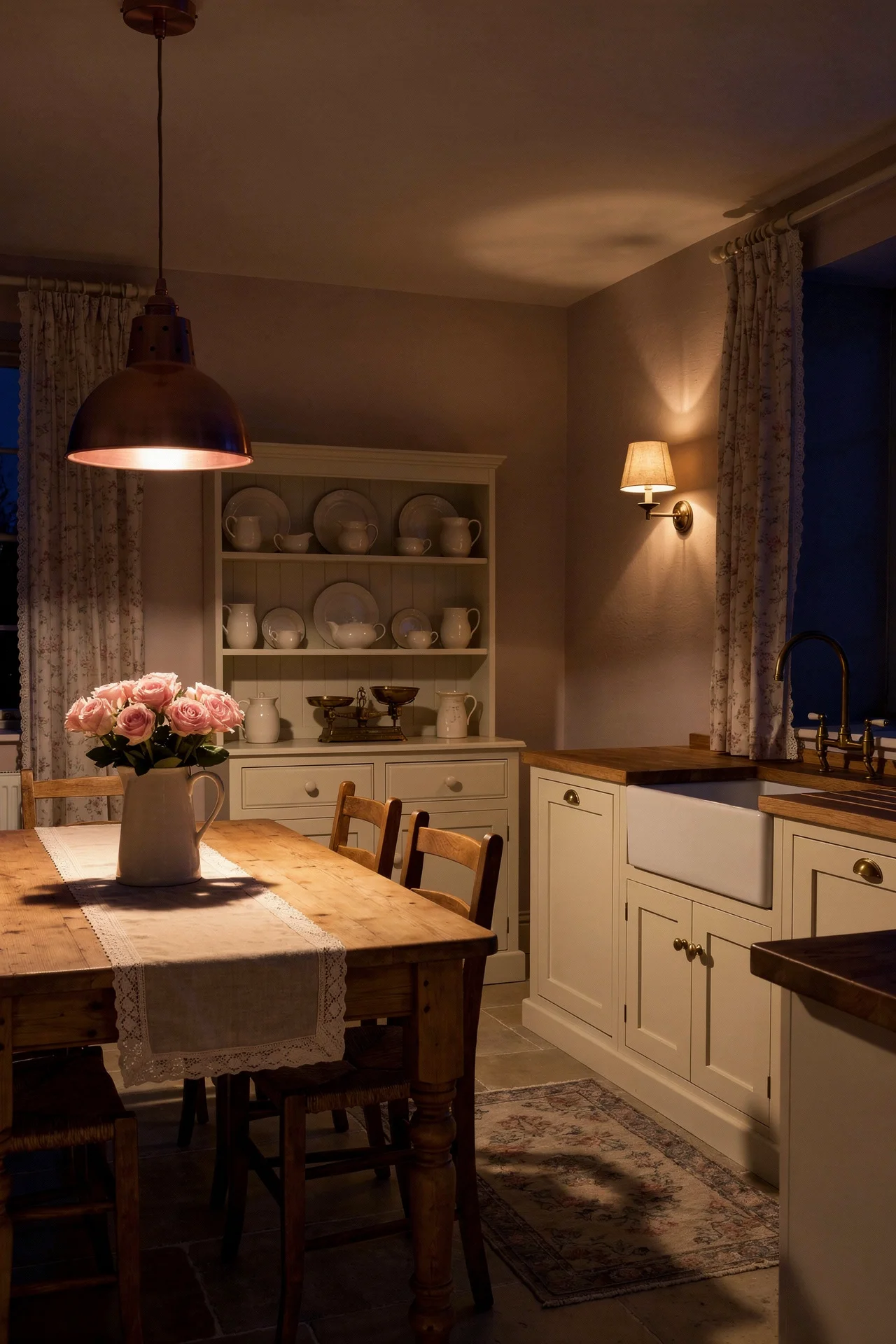 English Country Kitchen zellige tile backsplash kitchen design scene evening mood