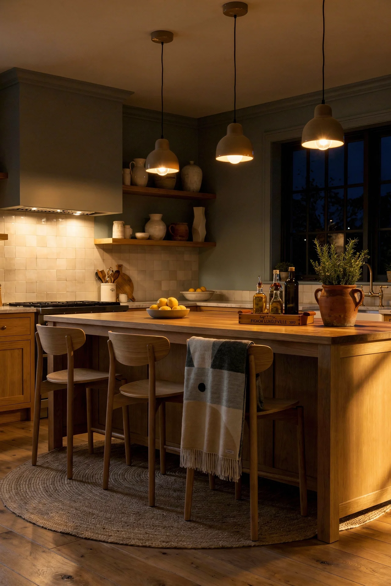 English Country Kitchen zellige tile backsplash kitchen design scene evening mood