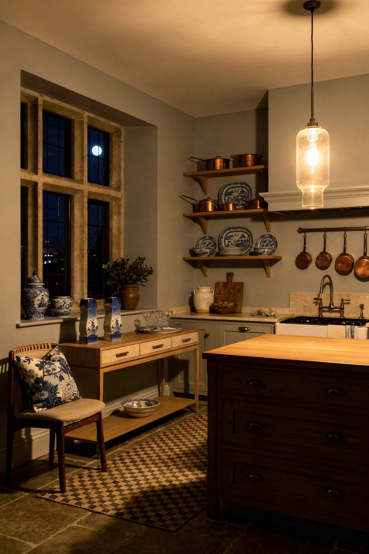 English Country Kitchen zellige tile backsplash kitchen design scene evening mood