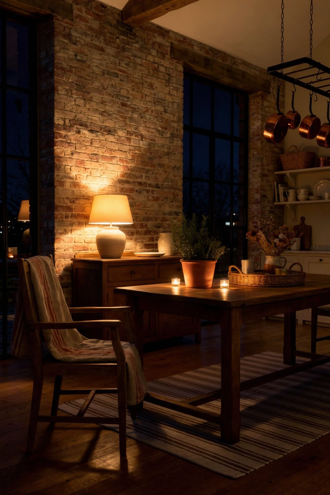 English Country Kitchen zellige tile backsplash kitchen design scene evening mood