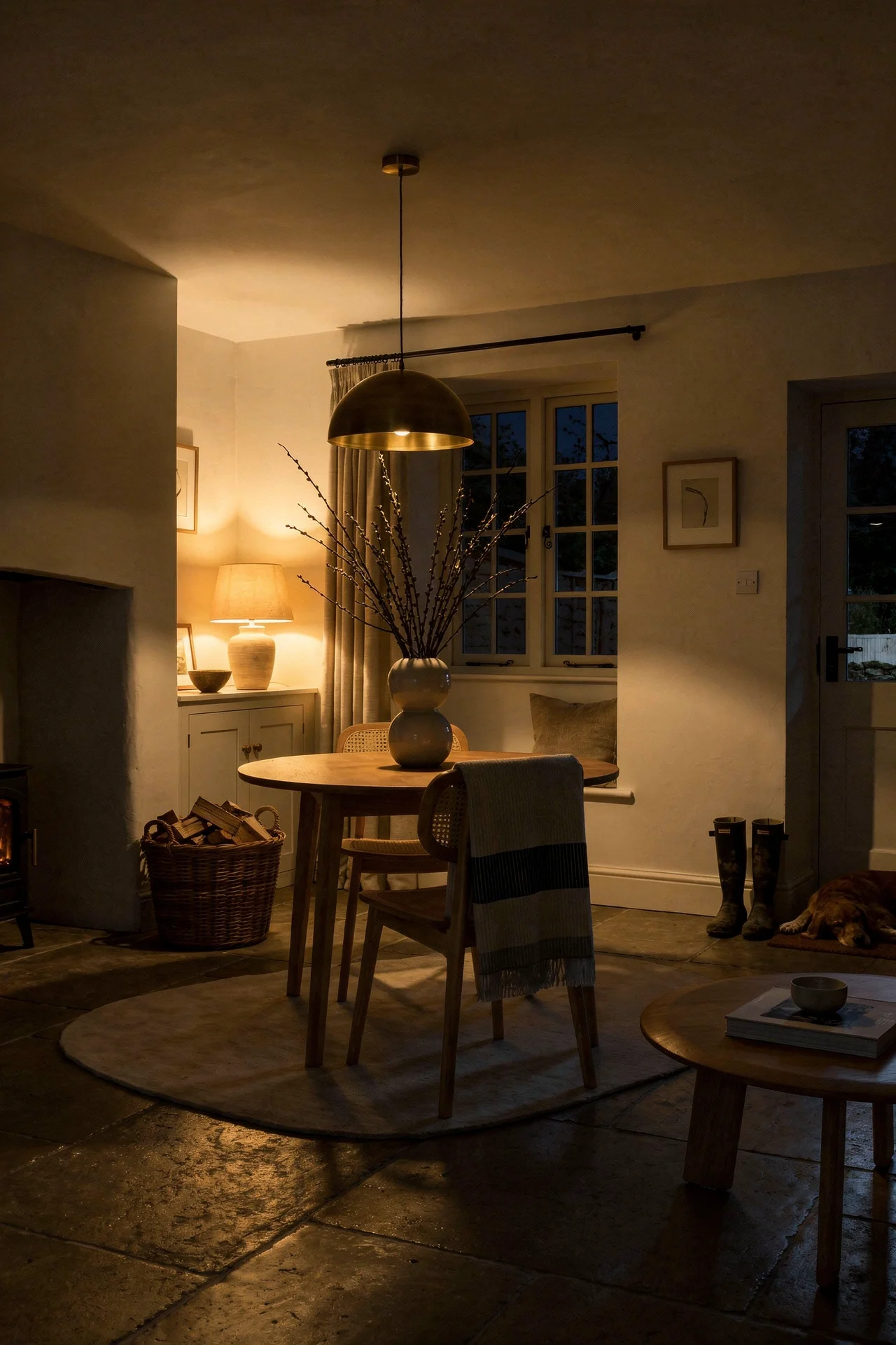 English Country Kitchen flagstone checkerboard kitchen floor design scene evening mood