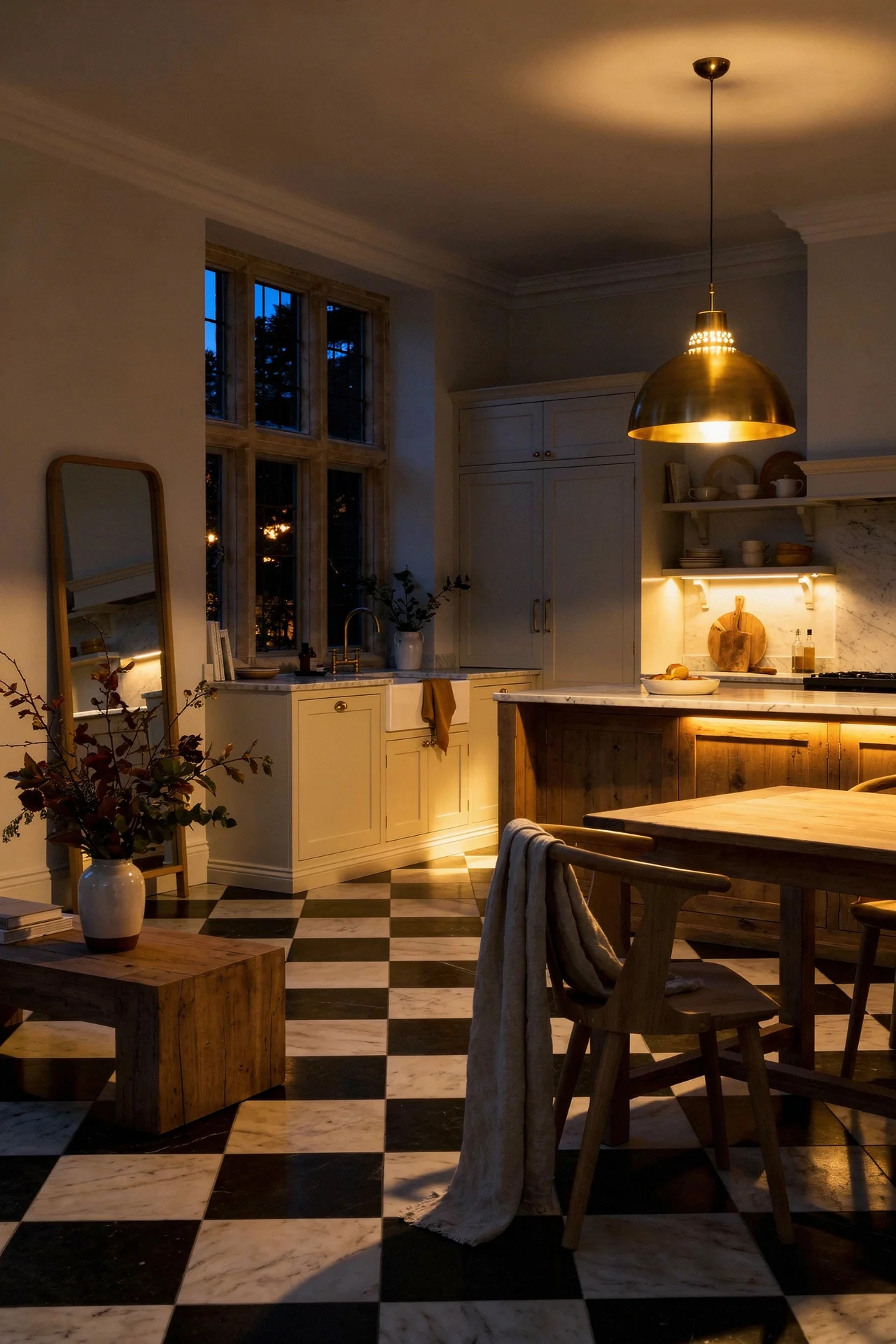 English Country Kitchen flagstone checkerboard kitchen floor design scene evening mood