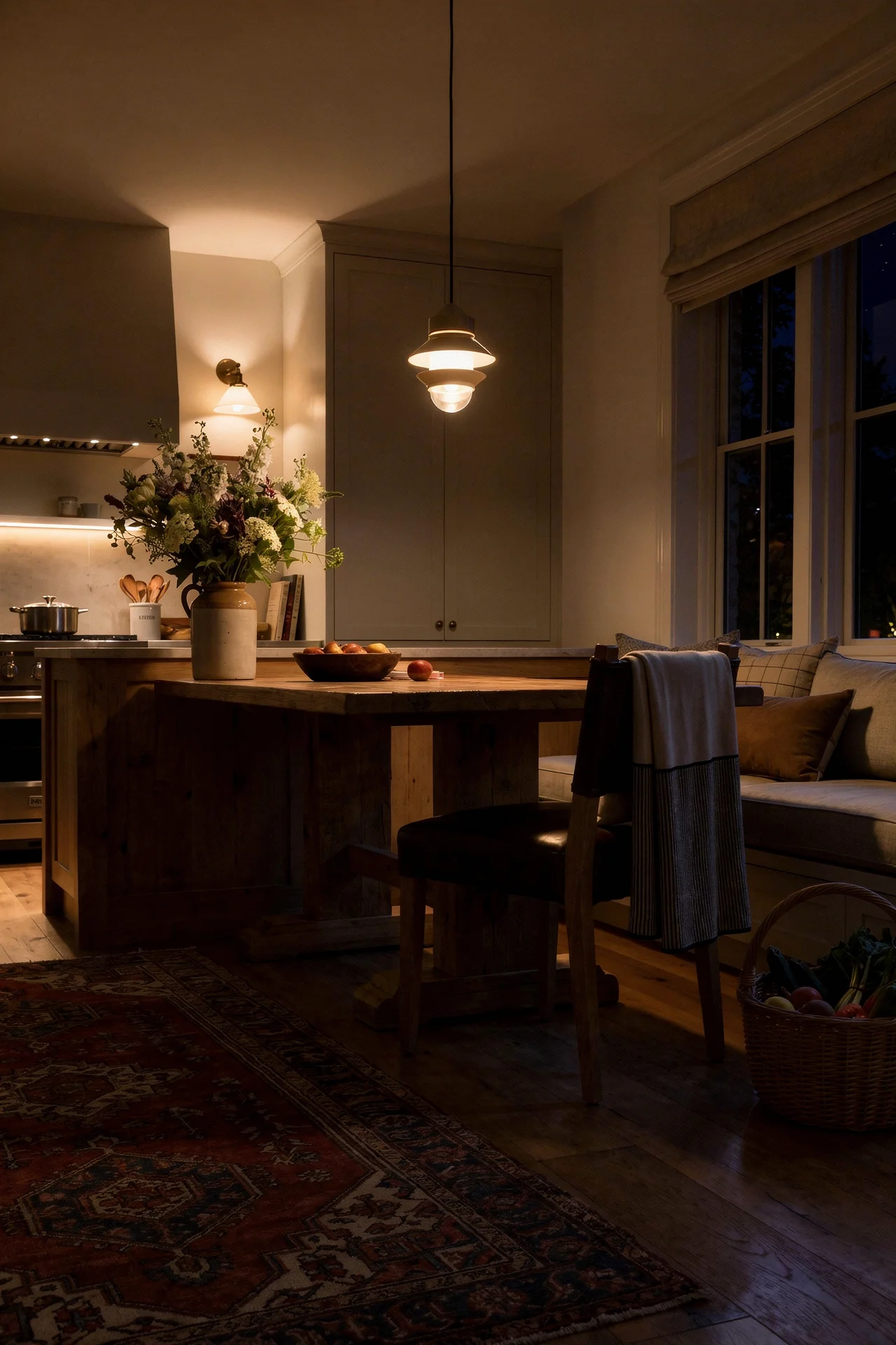 English Country Kitchen flagstone checkerboard kitchen floor design scene evening mood