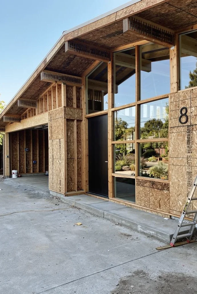 Mid century modern house exterior featuring gray iron planter with brass sconce and teak folding chair empty room