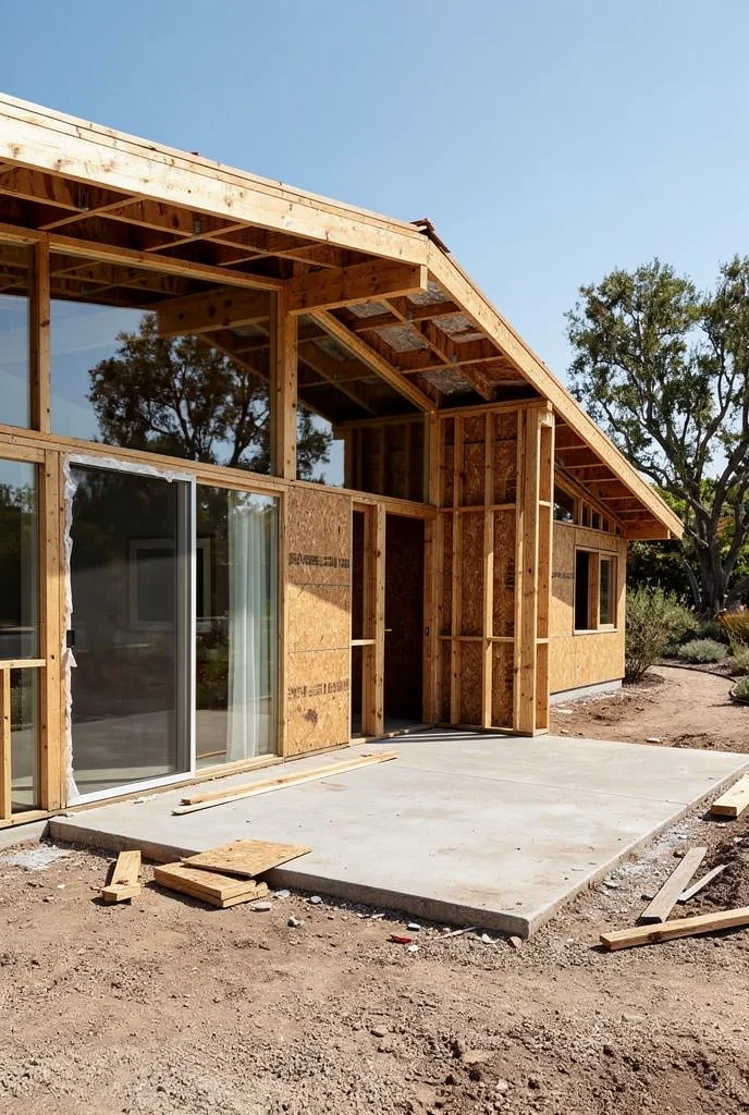 Mid century modern house exterior featuring teak club chair with white resin planter and green accent door empty room