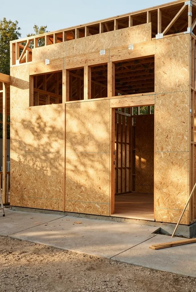 Mid century modern house exterior featuring teak outdoor lounge chair with brass wall sconce and ochre stucco empty room