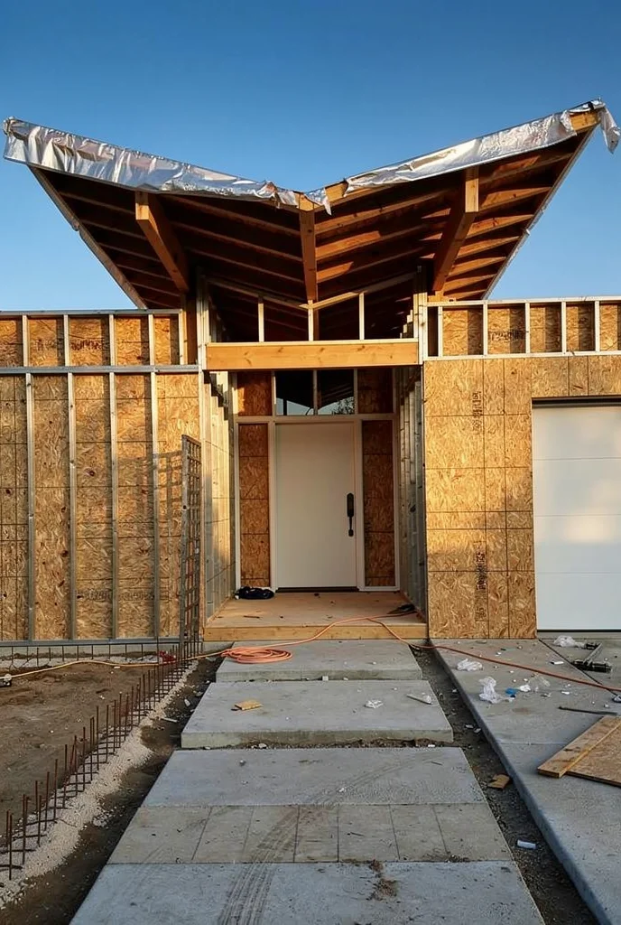 Mid century modern house exterior featuring butterfly roof with black halo pendant and bronze door handleset empty room