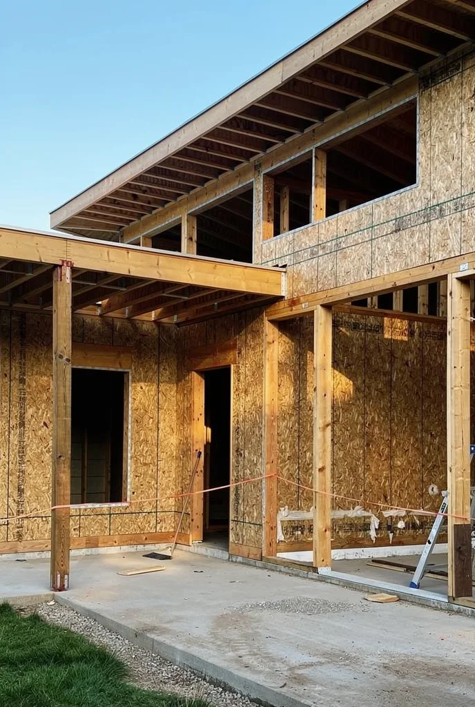 Mid century modern house exterior featuring clerestory band with bronze sconce and aluvia pendant on patio empty room