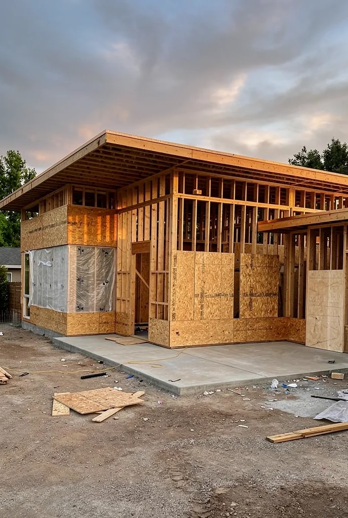 Mid century modern house exterior featuring glowing clerestory ribbon with teak chaise and milk glass pendant empty room