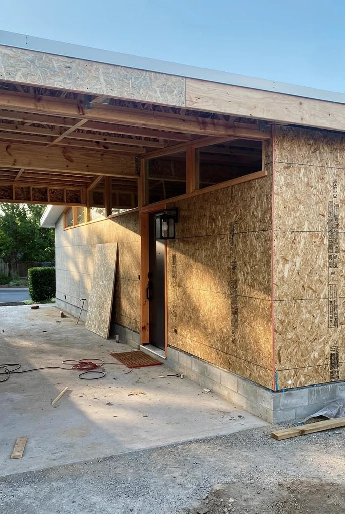 Mid century modern house exterior featuring clerestory windows with black LED pendant and blue ceramic planter empty room