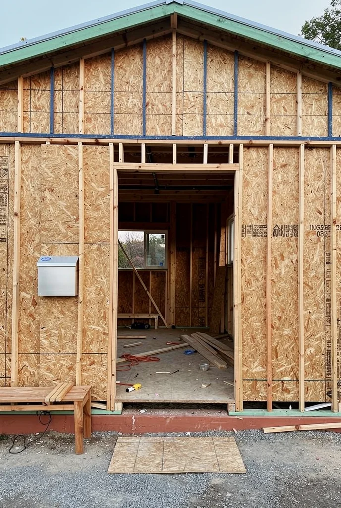 Mid century modern front door featuring copper mailbox with verdigris and leather accent chair through doorway empty room