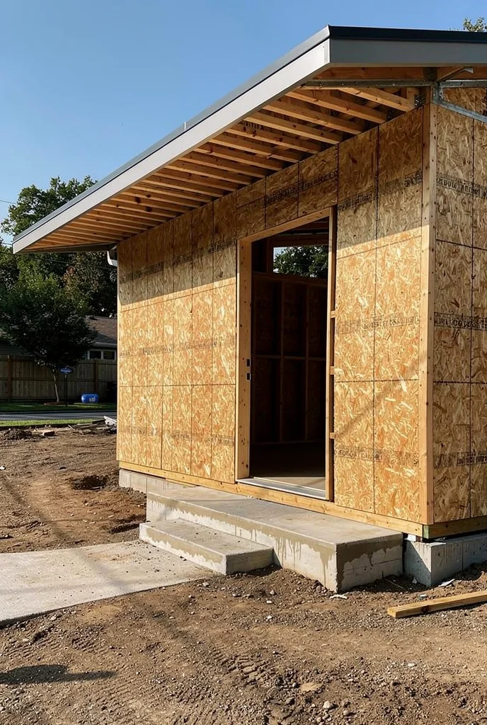 Mid century modern front door featuring hammered copper address plaque with teak dining bench on grey facade empty room