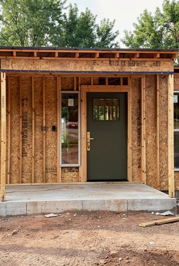 Mid century modern front door featuring teak outdoor bench with brass house numbers and olive green door empty room