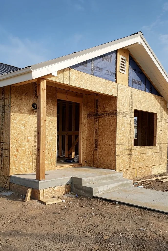 Mid century modern house exterior featuring cool blue walls with green door and brass anglepoise light empty room