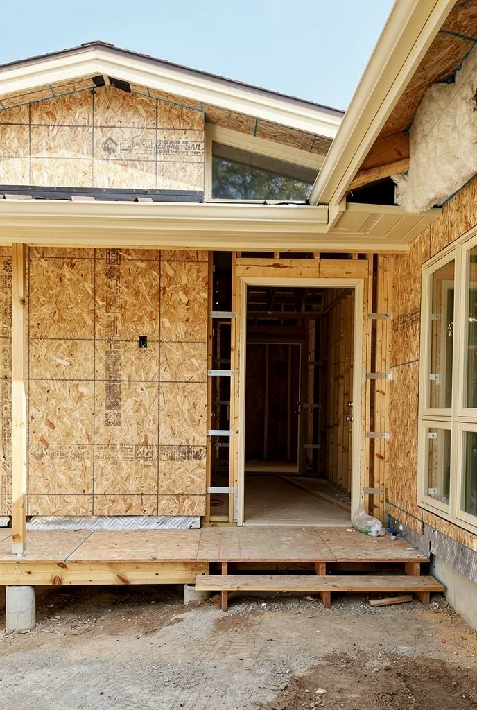 Mid century modern house exterior featuring warm orange yellow walls with denim blue door and iron sconces empty room